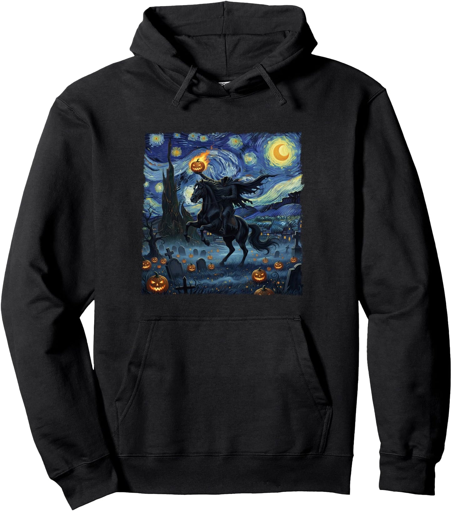 Headless Horseman Halloween Scary Pumpkin Starry Night Art Pullover Hoodie