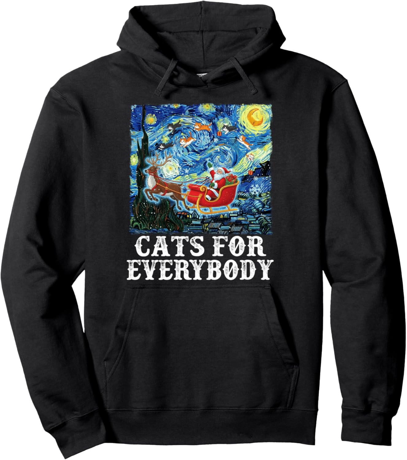 Christmas Cat For Everybody Santa Reindeer Starry Night Xmas Pullover Hoodie