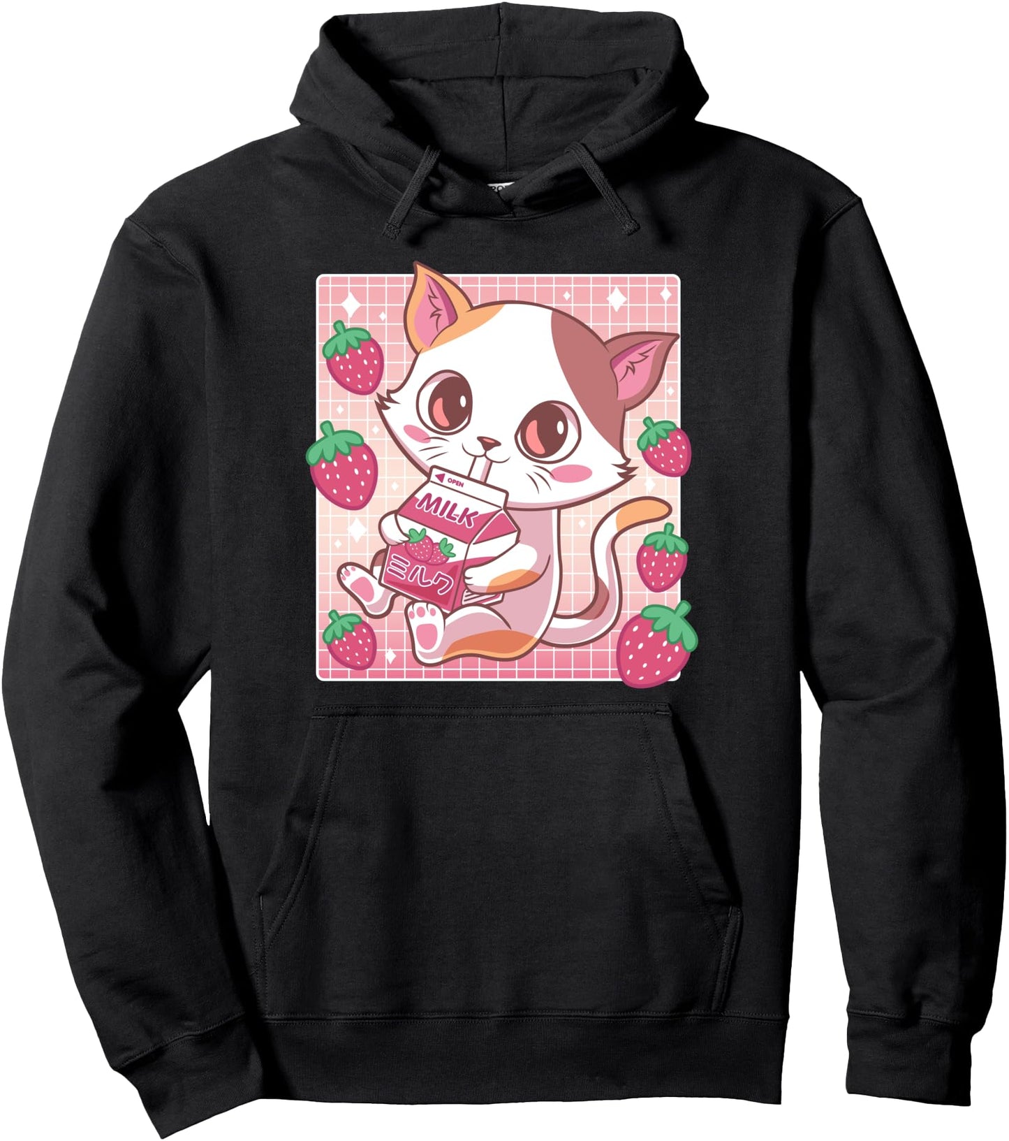 Kawaii Cat Strawberry Milk Shake Carton Japanese Anime Neko Pullover Hoodie