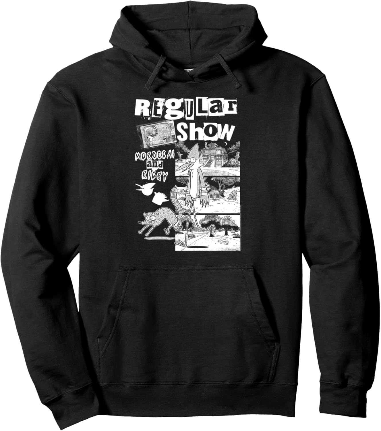 Regular Show Punk Zine Black and White Collage Cartoon Pullover Hoodie