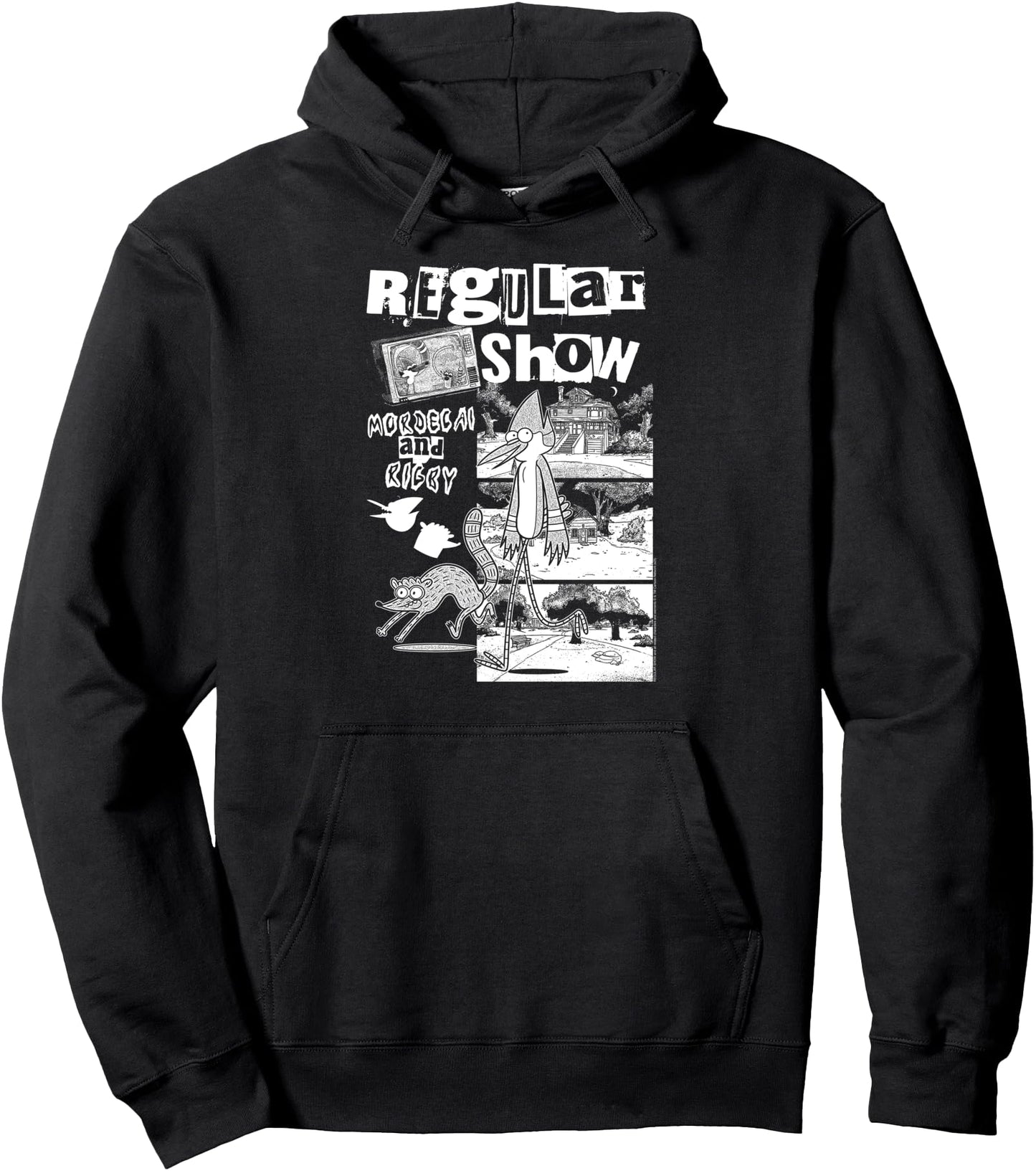 Regular Show Punk Zine Black and White Collage Cartoon Pullover Hoodie