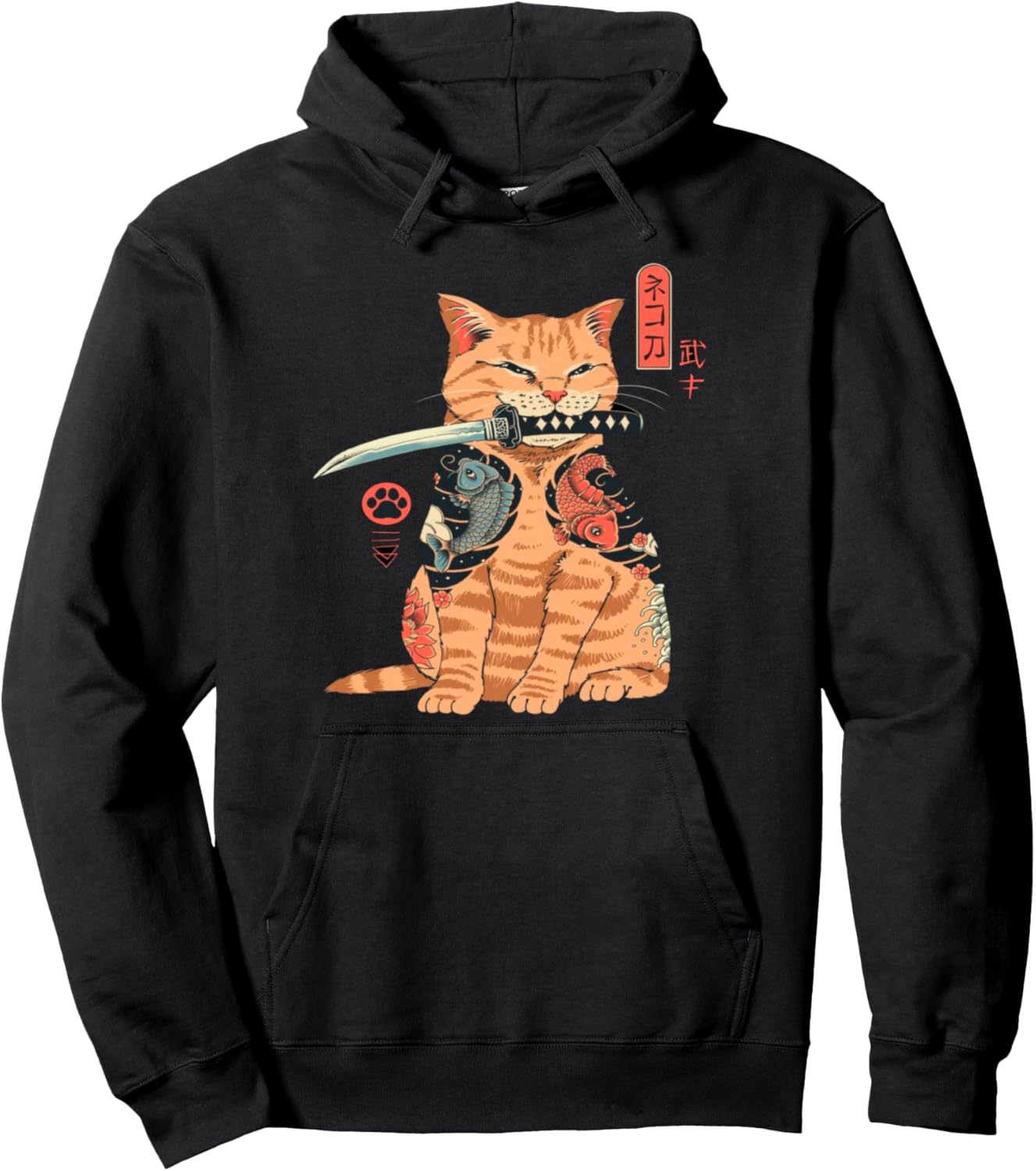 Japanese Samurai Ninja Cat Kawaii Tattoo Graphic Pullover Hoodie