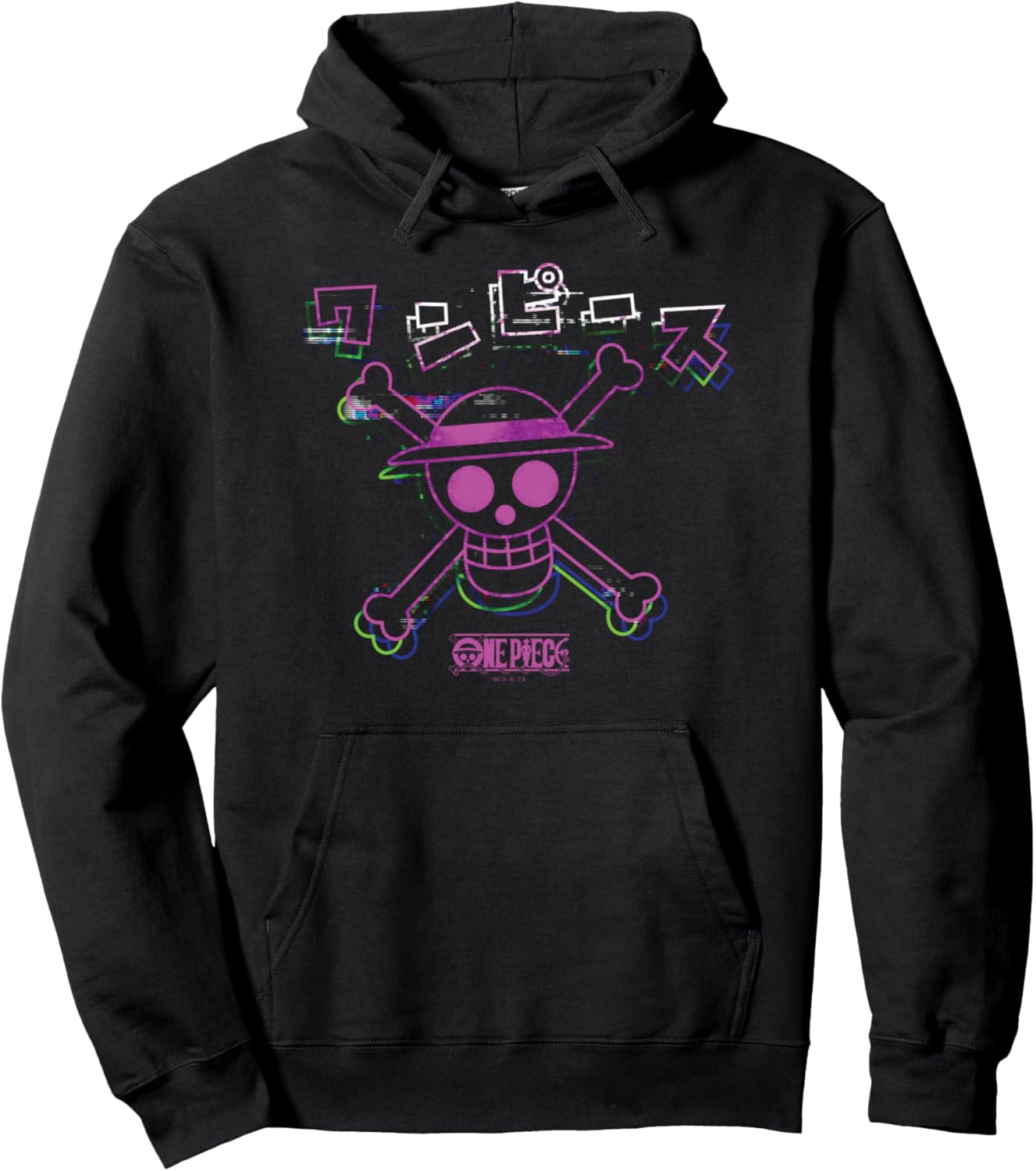 One Piece Anime Colorful Straw Hat Glitch with Kanji Pullover Hoodie