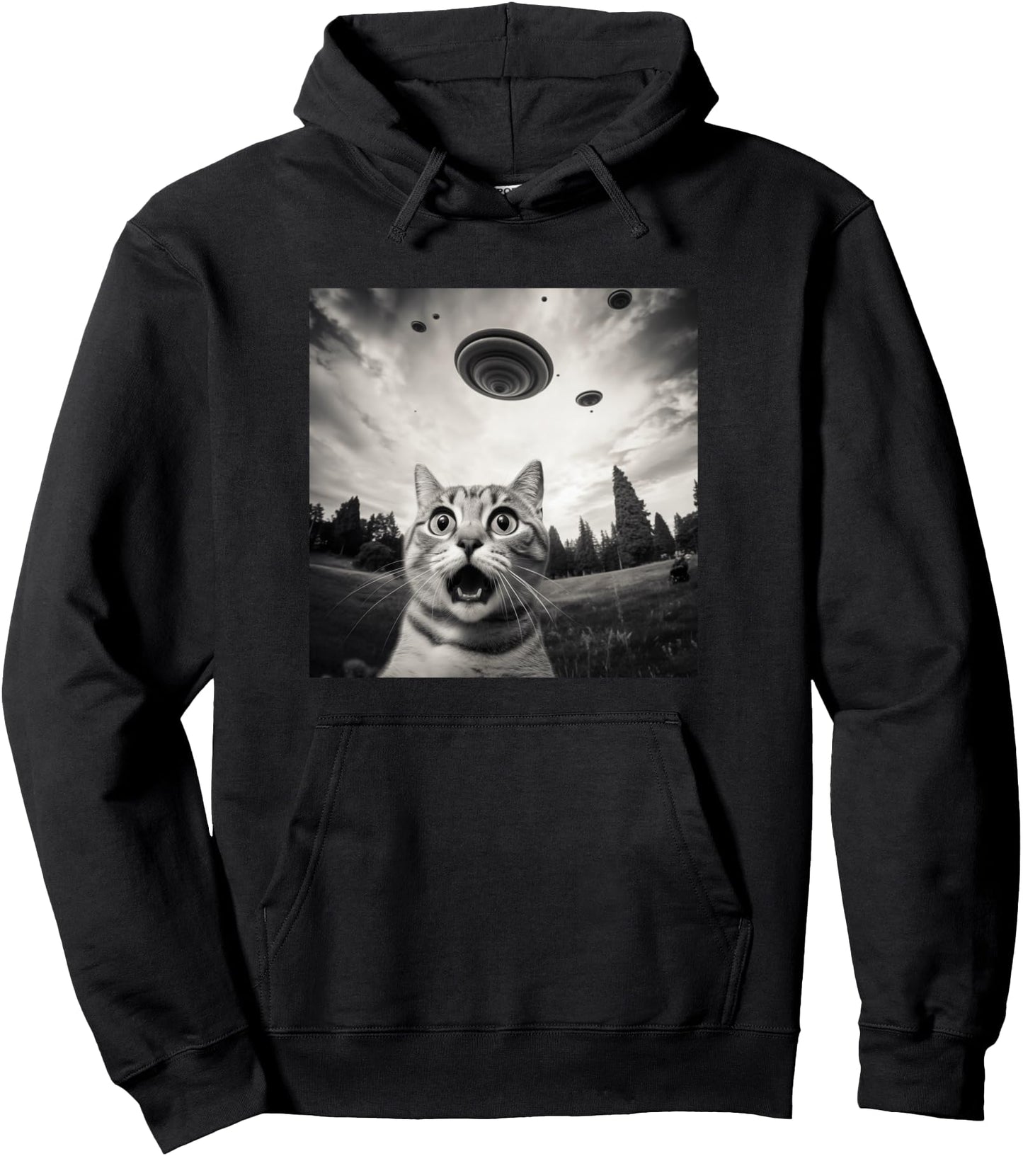 Funny Surprised And Scared Cat Selfie With UFO Pullover Hoodie