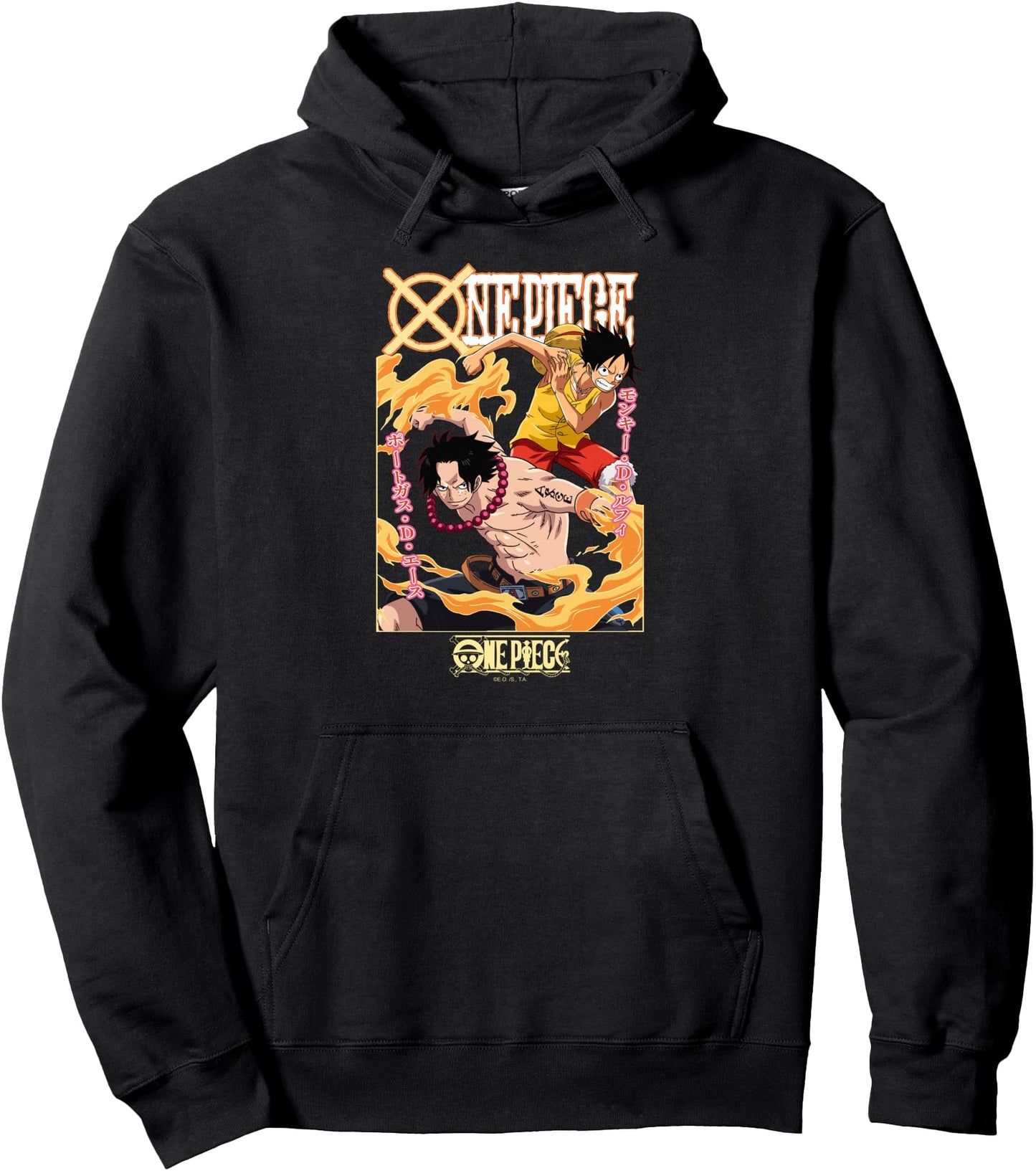 One Piece Anime Ace and Luffy Team Up Kanji Pullover Hoodie