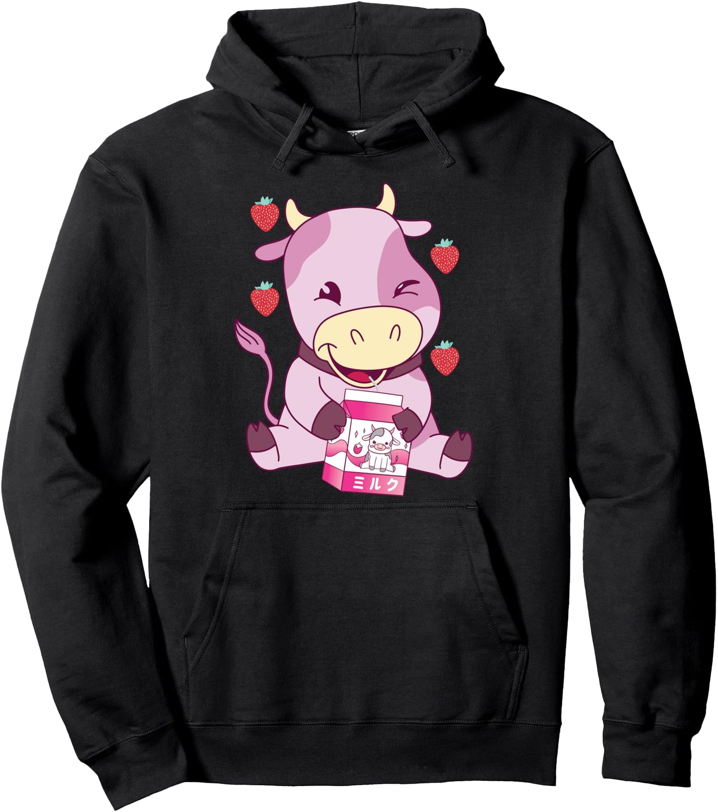 Strawberry Milk Pink Cow Japanese Strawberry Milk Shake Pullover Hoodie