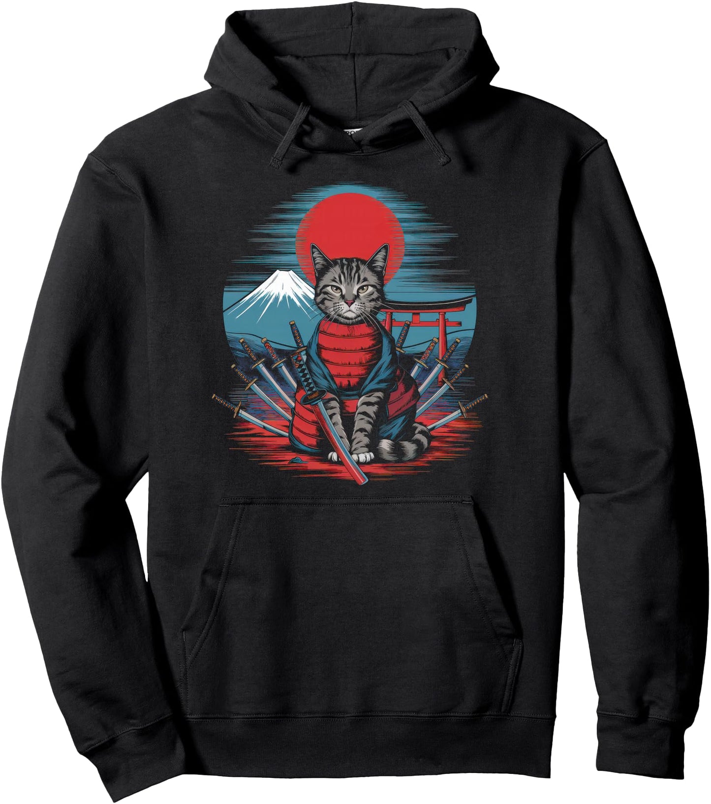 Samurai Cat Vintage Ukiyo-e Warrior Kanji Japan Anime Ink Pullover Hoodie