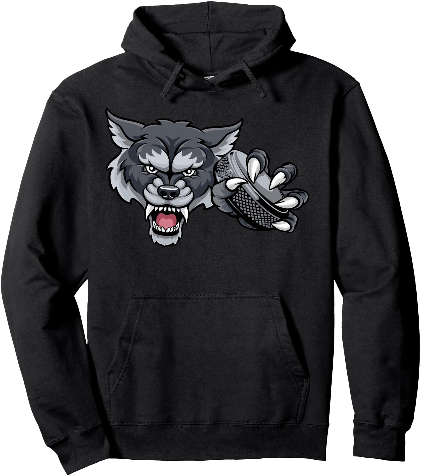 Wolf Cartoon Sports Wolves Team Mascot Holding Hockey Puck Pullover Hoodie