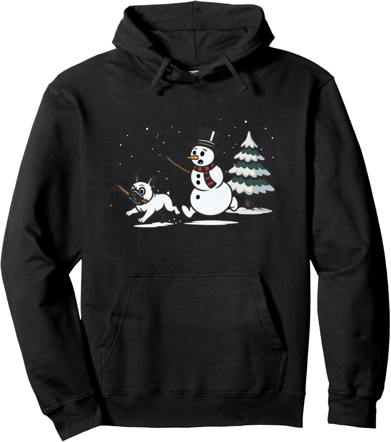 Christmas Snowman Chasing Dog French Bulldog Pullover Hoodie