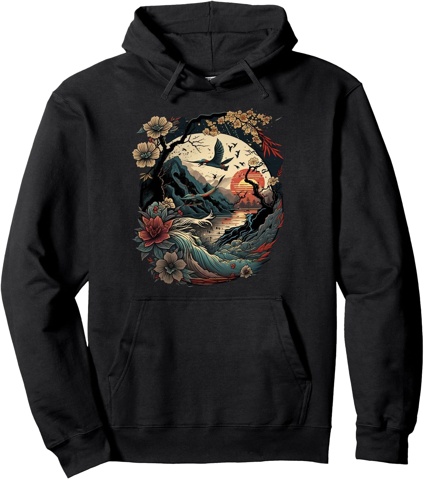 retro Japanese Art Birds & Cherry Blossom and vintage sunset Pullover Hoodie