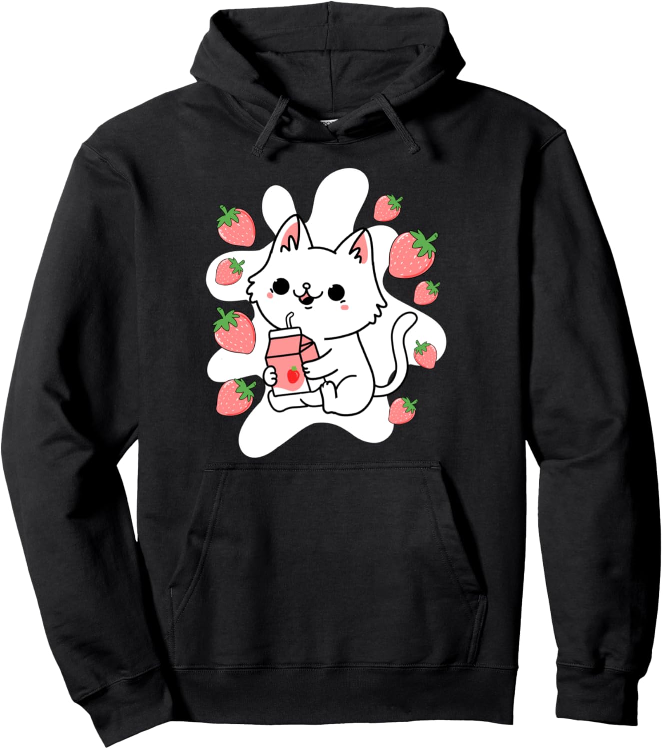 Kawaii Cat Drinking Strawberry Milk Kawaii Anime Pullover Hoodie