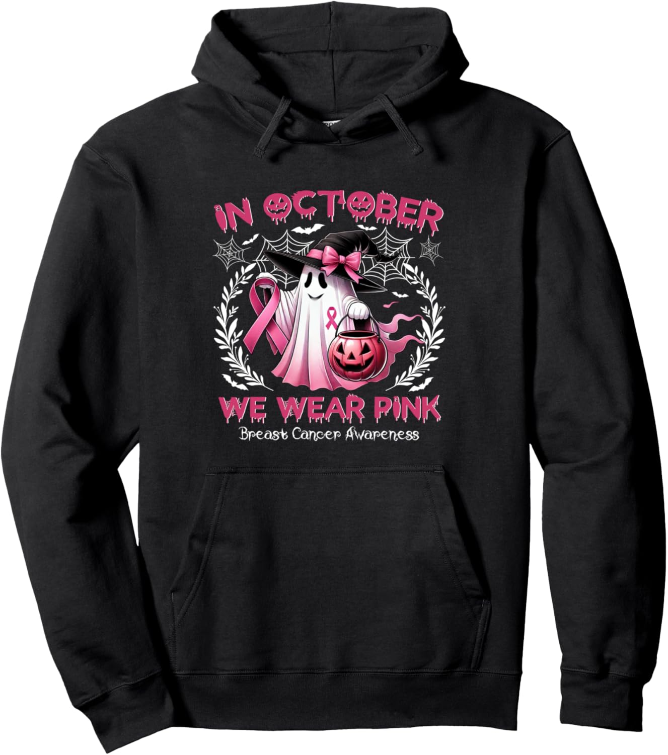 In October We Wear Pink Ghost Witch Breast Cancer Awareness Pullover Hoodie