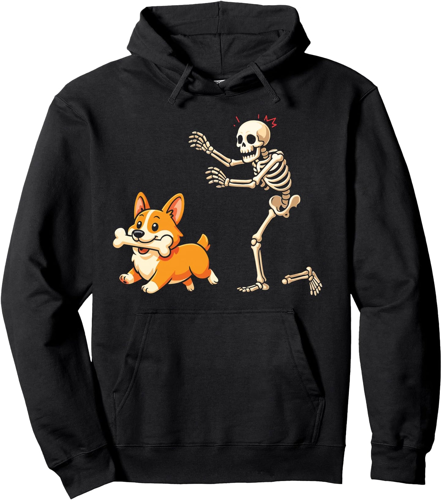 Halloween Dog Funny Skeleton Chasing Corgi Dog Pullover Hoodie
