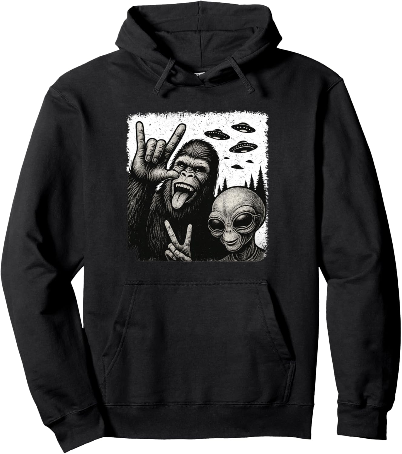 Funny Bigfoot & Alien Sasquatch Rock On Hand Sign UFO Selfie Pullover Hoodie