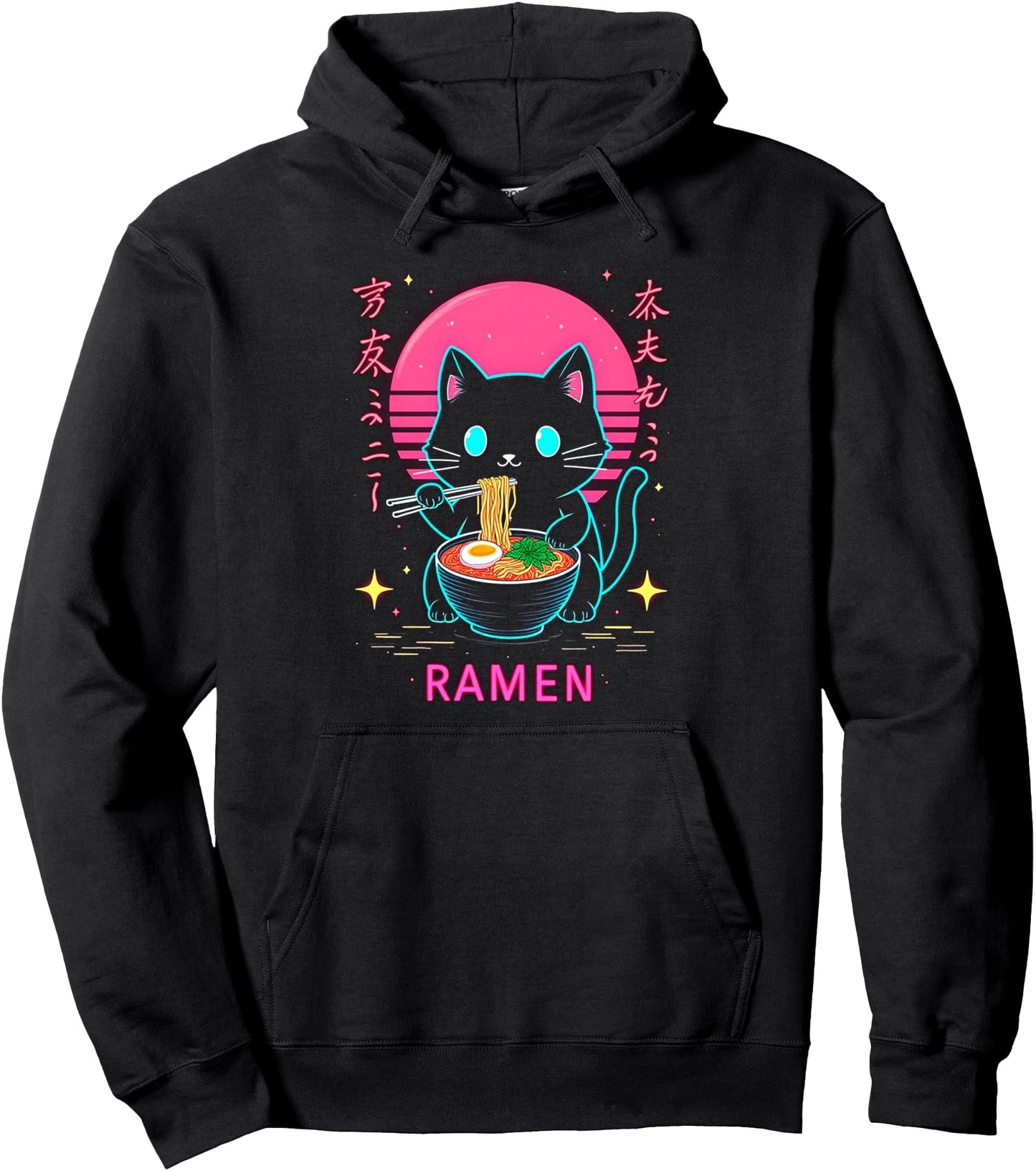 Black Cat & Ramen Anime Noodle Tee Japanese Kawaii Food Pullover Hoodie