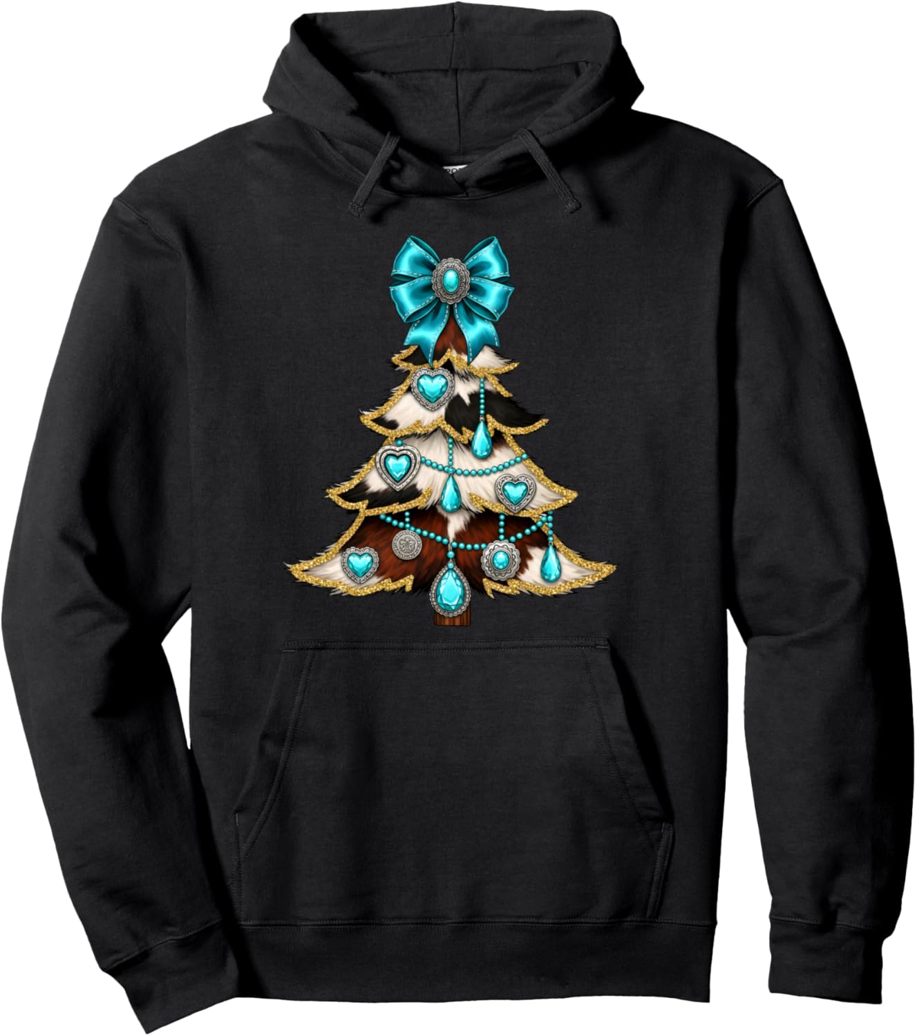 Western Xmas Tree Turquoise Cowhide Cowgirl Farmer Holiday Pullover Hoodie