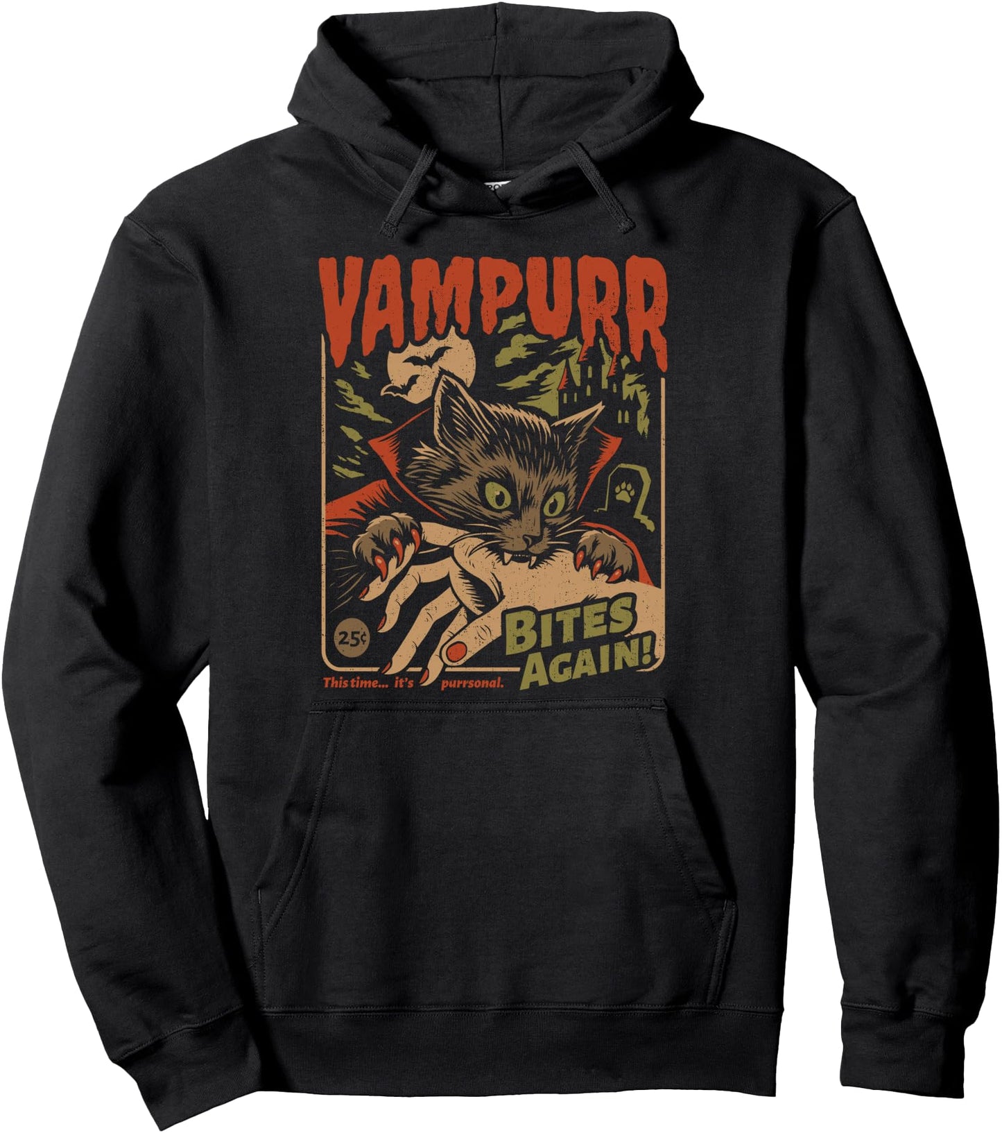 Vampurr Bites Again! Funny Cat Halloween Vintage Graphic Pullover Hoodie