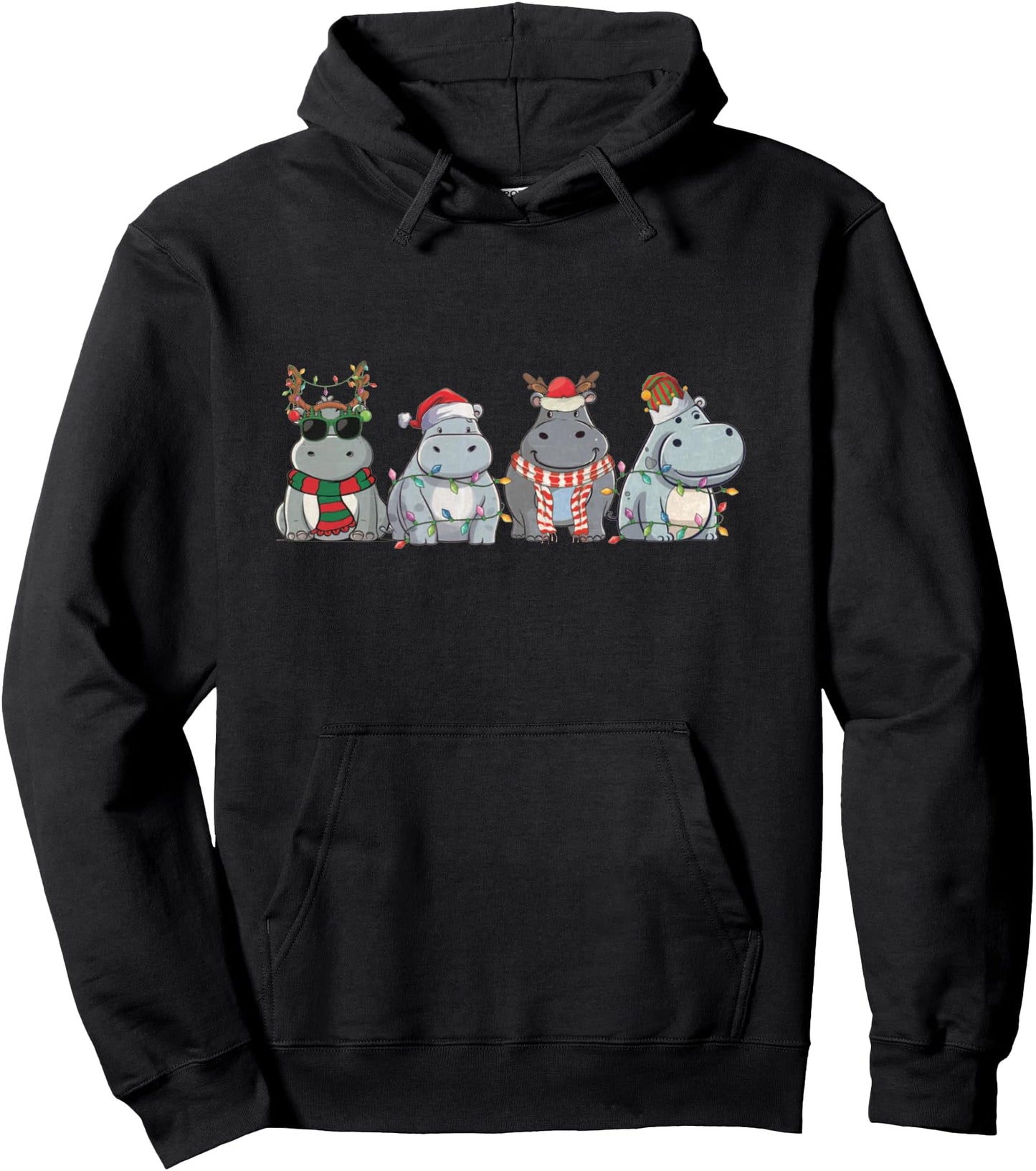 Hippopotamuses Christmas Lights Cute Hippo Christmas Pullover Hoodie