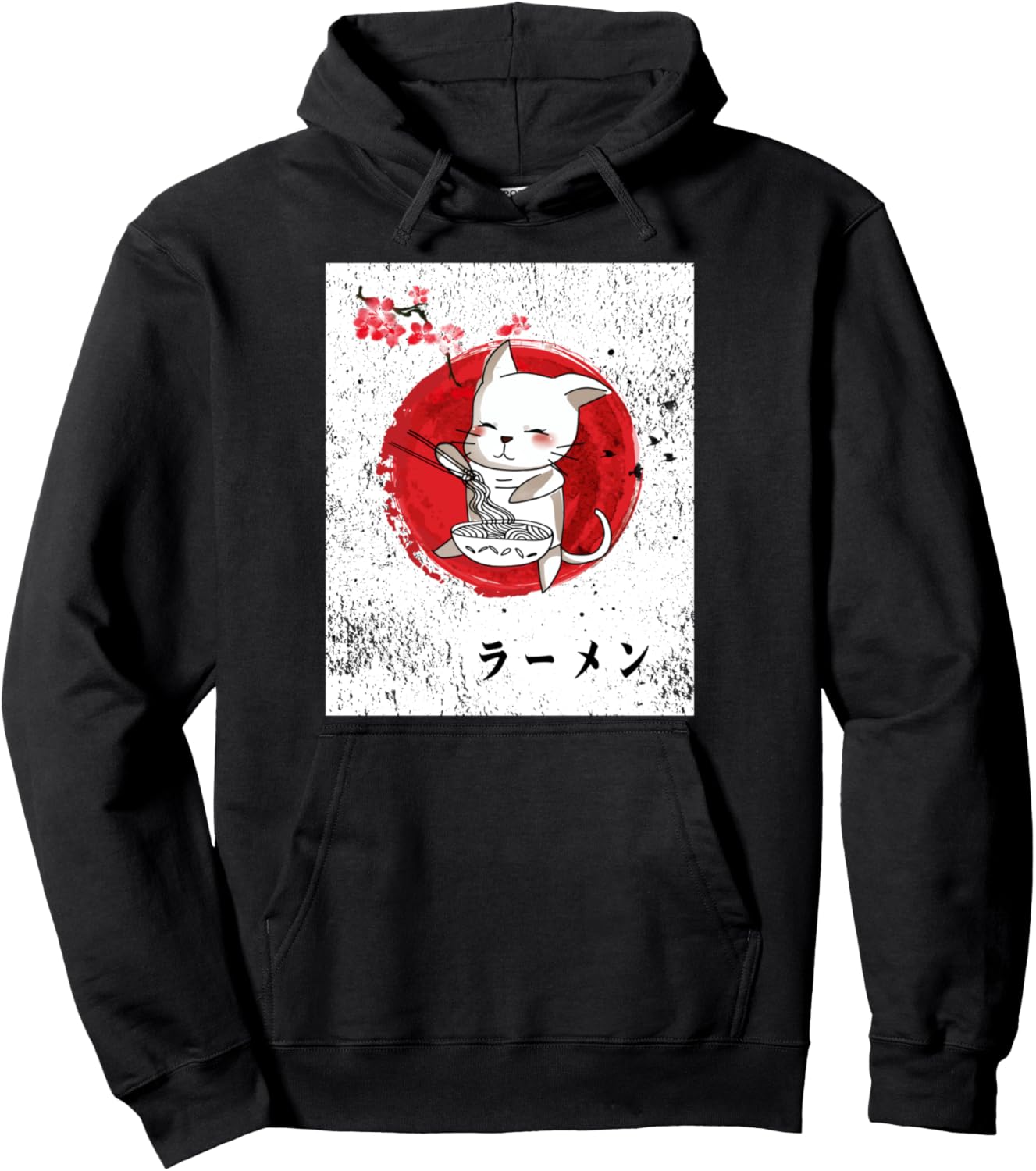 Vintage Kawaii White Cat Ramen Cherry Blossom | Anime Otaku Pullover Hoodie