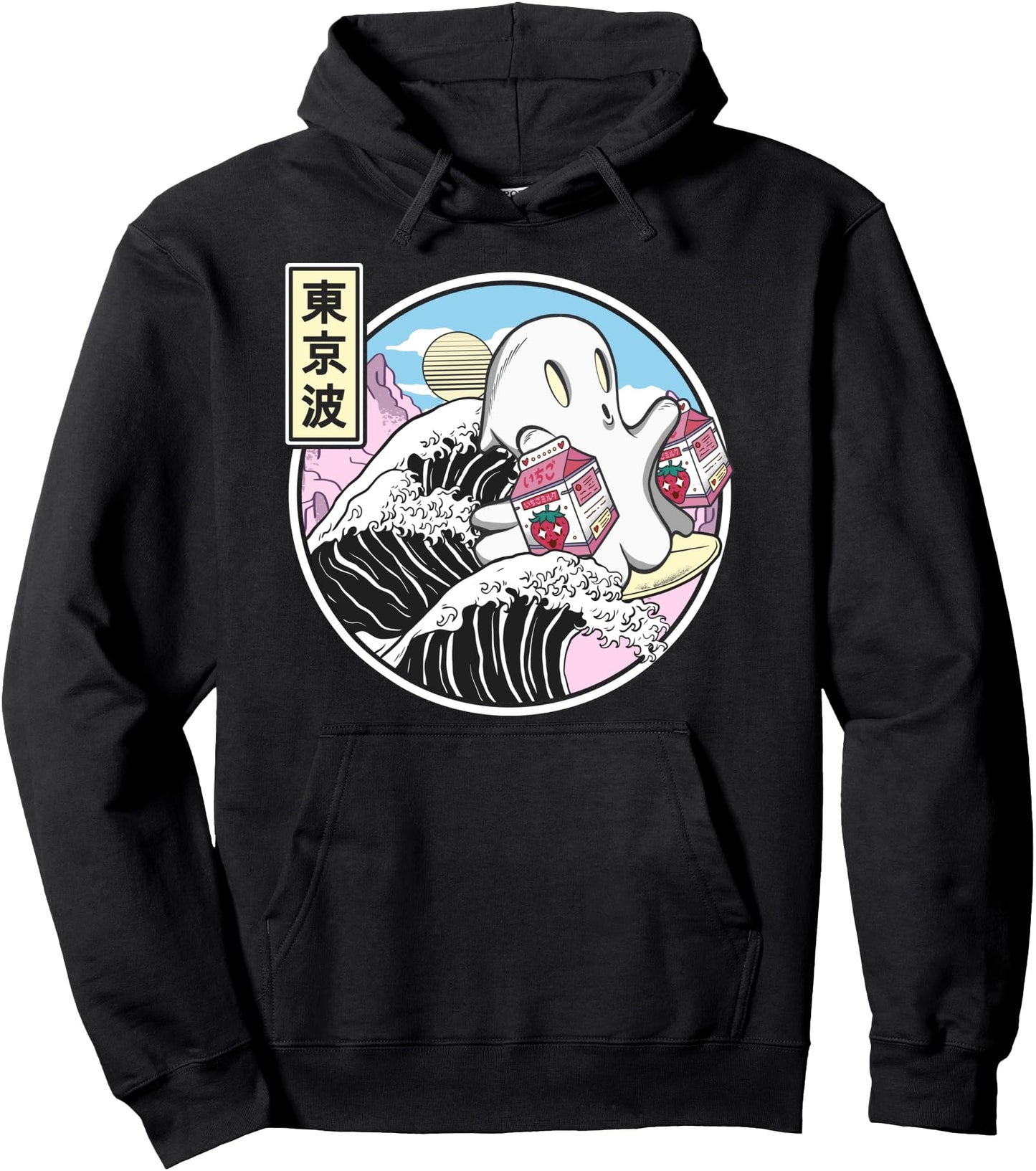 Surfing Ghost Strawberry Milk Kanagawa Wave Kawaii Anime Pullover Hoodie