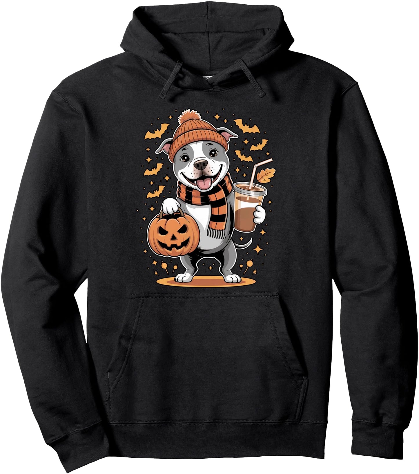 Ghost Pitbull Dog Pumpkin Drinks Beanie Fall Halloween Pullover Hoodie