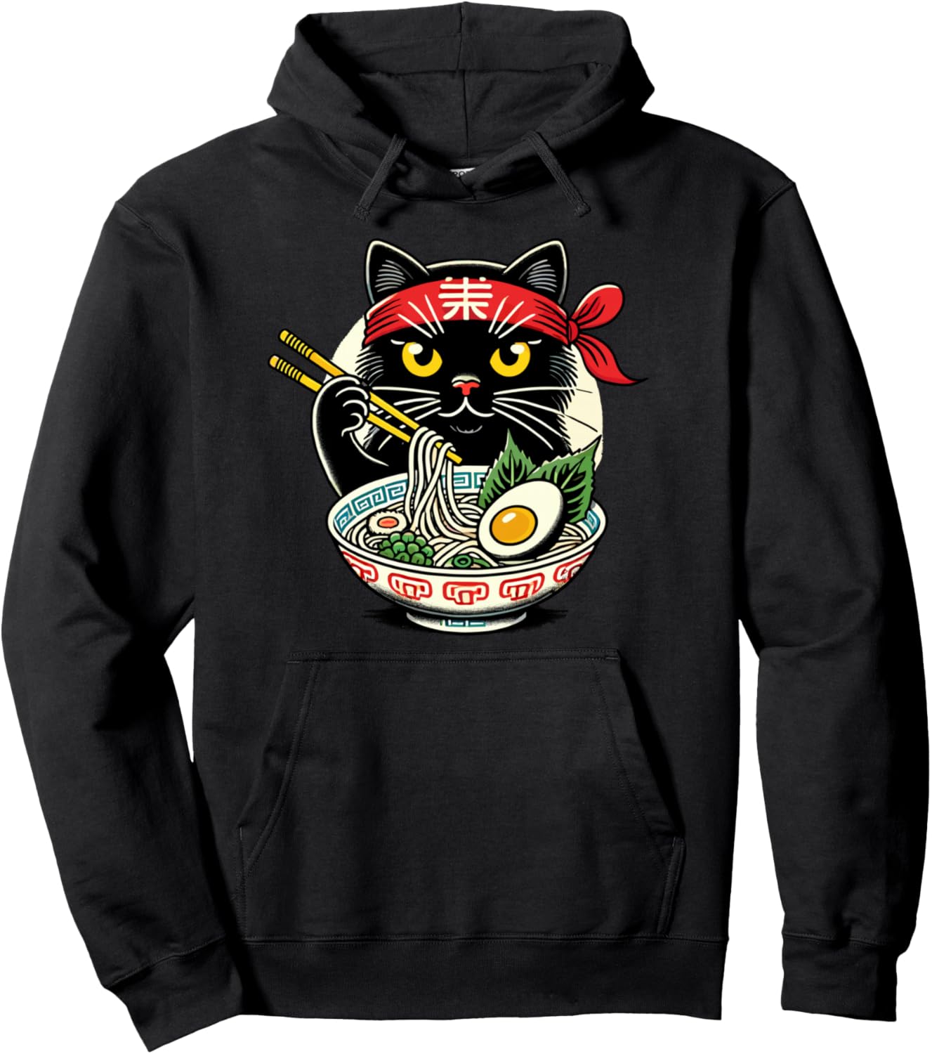 Cat Eating Ramen Noodles, Japanese Anime & Kawaii, Black Cat Pullover Hoodie