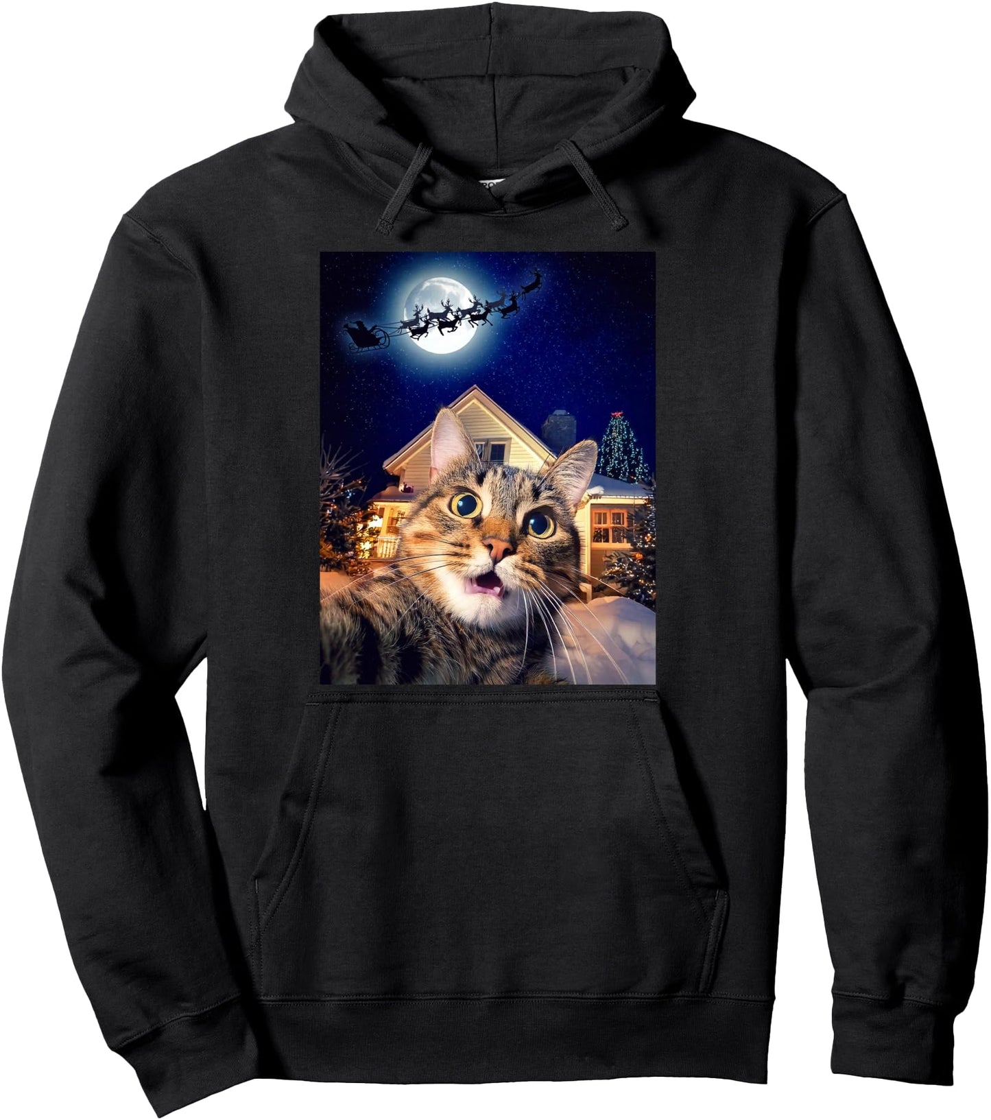 Cat Selfie with Santa, Reindeer, and Sleigh Funny Christmas Pullover Hoodie