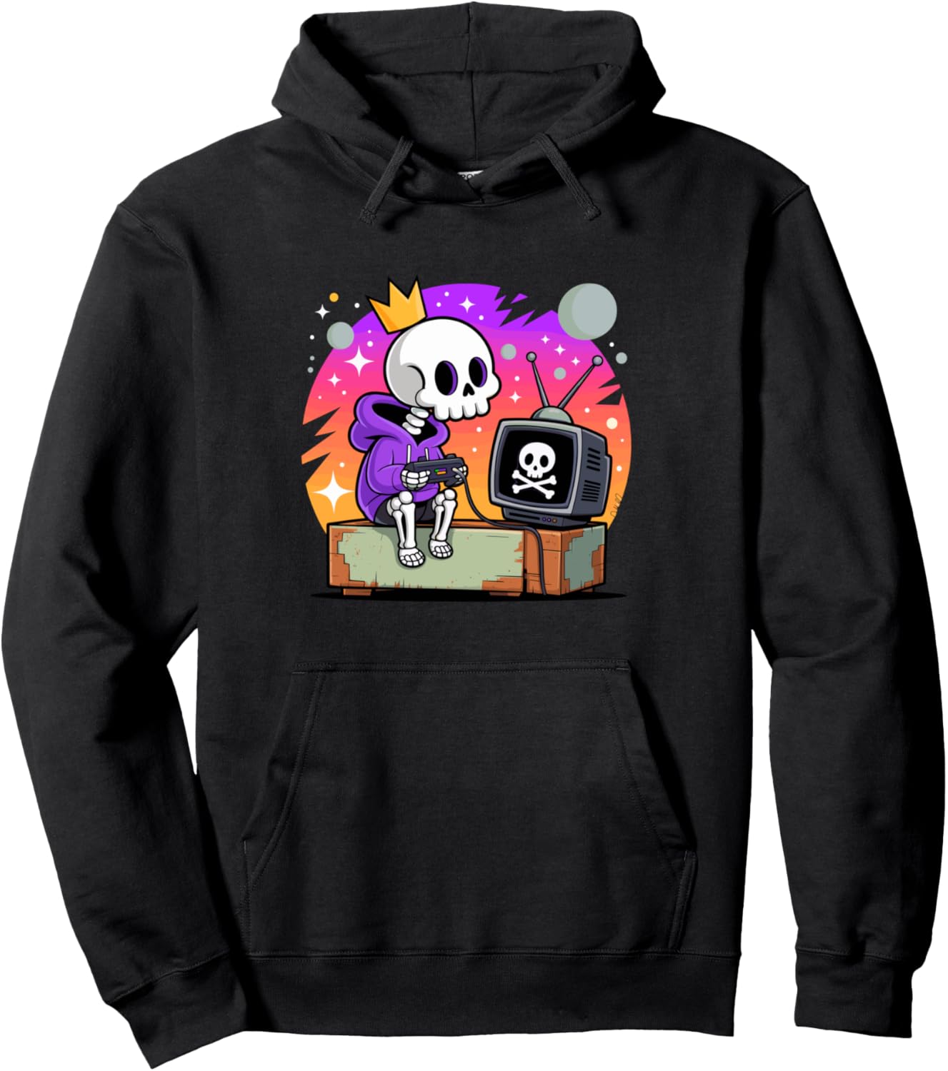 Skeleton Gamer Skull Crown Halloween Vibe Graphic Pullover Hoodie