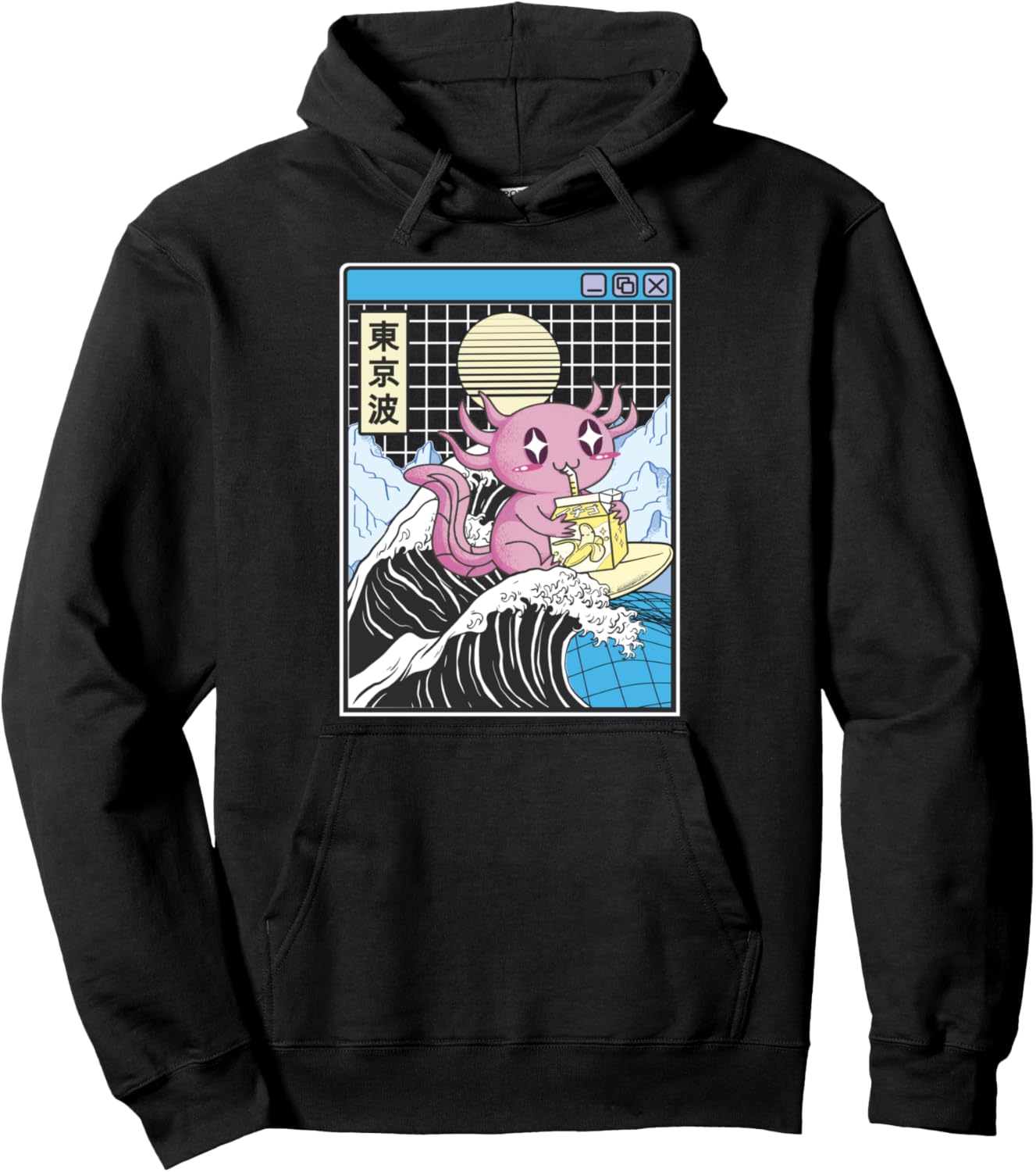 Axolotl Drinking Banana Milk Kanagawa Wave Anime Vaporwave Pullover Hoodie
