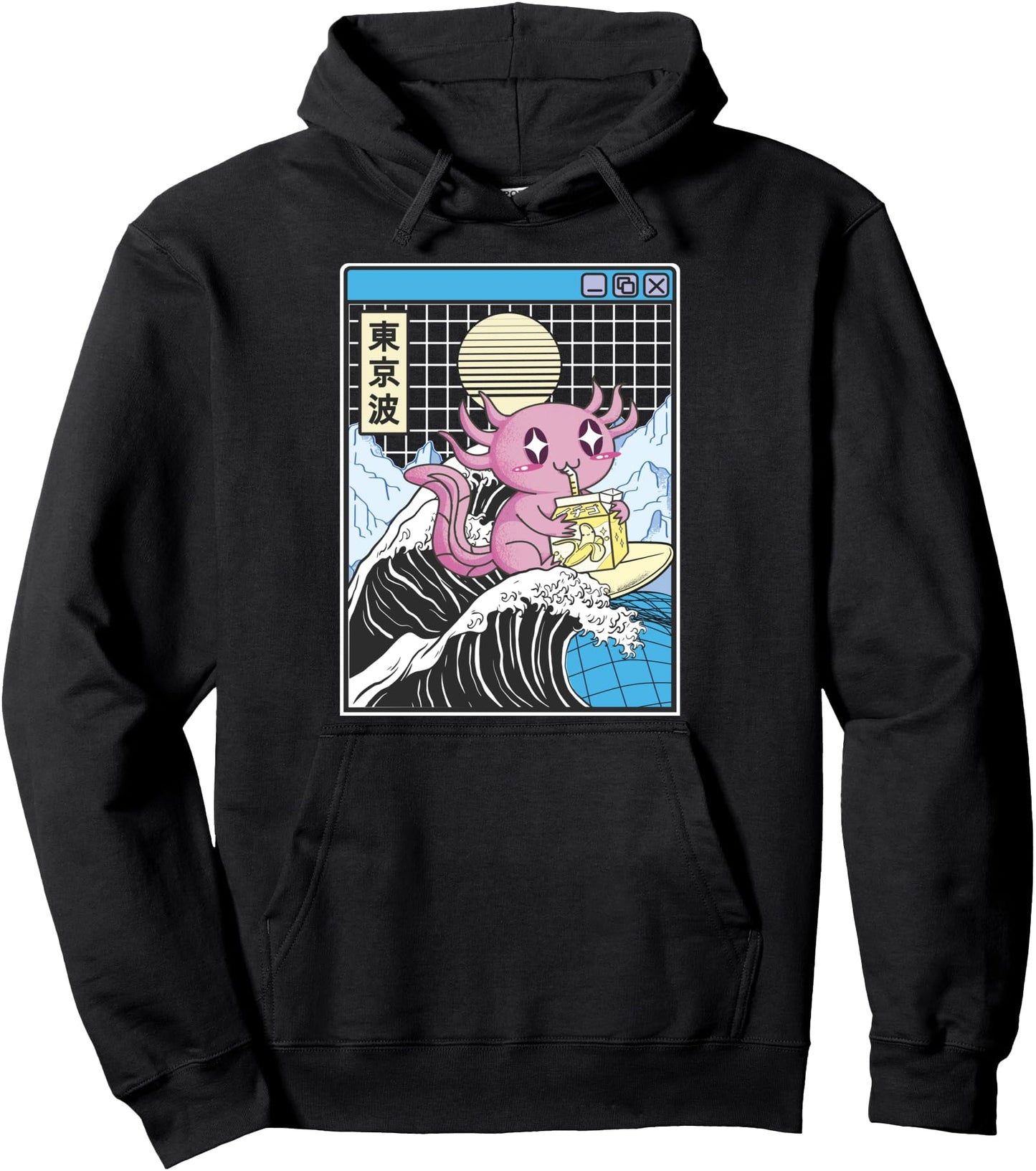 Axolotl Drinking Banana Milk Kanagawa Wave Anime Vaporwave Pullover Hoodie