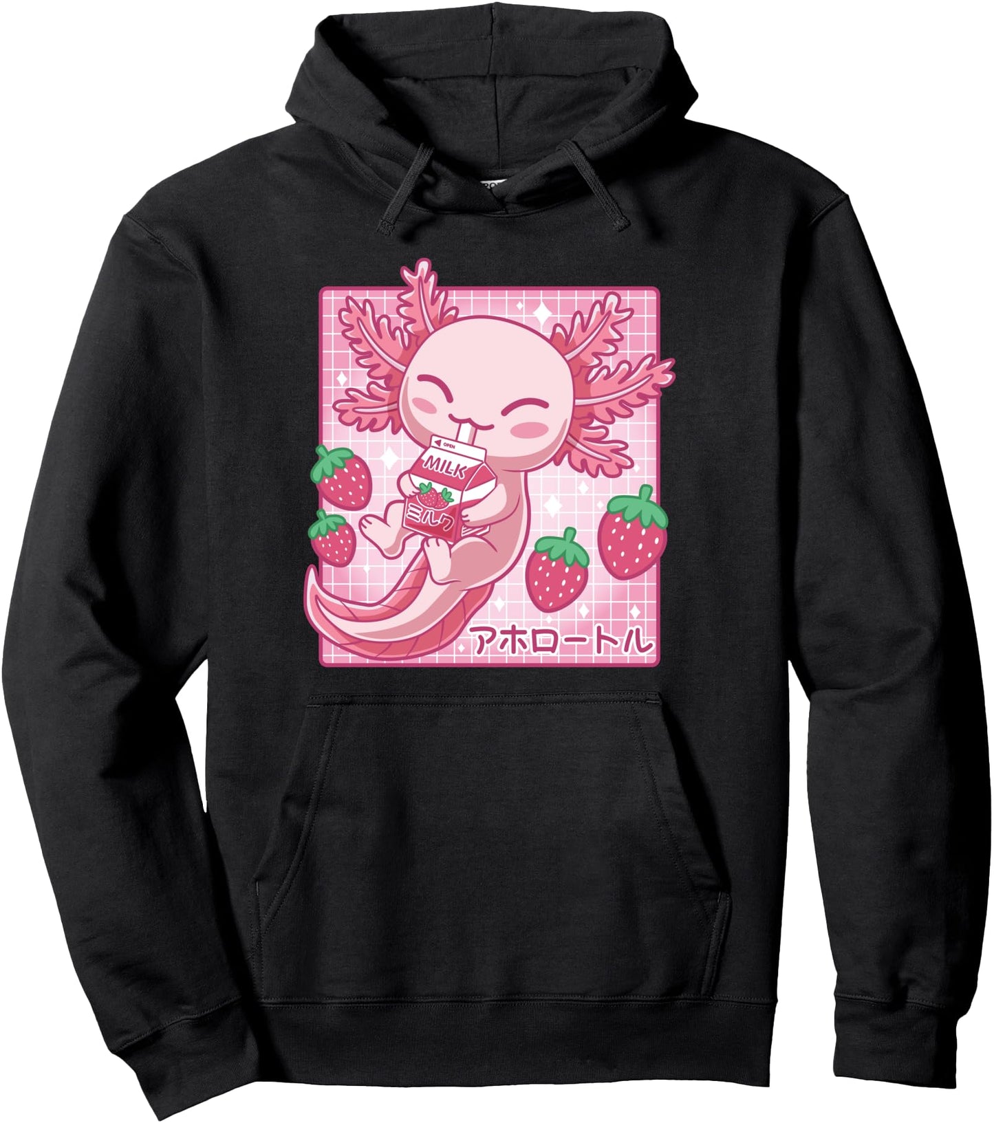 Kawaii Axolotl Strawberry Milk Shake Carton Japanese Anime Pullover Hoodie