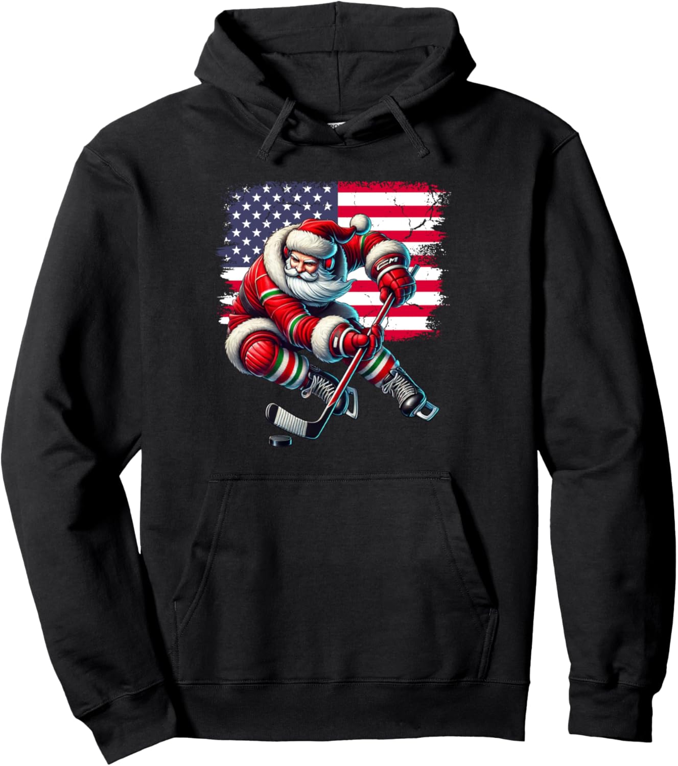 American Flag Santa Hat Ice Hockey Christmas Gifts Pullover Hoodie