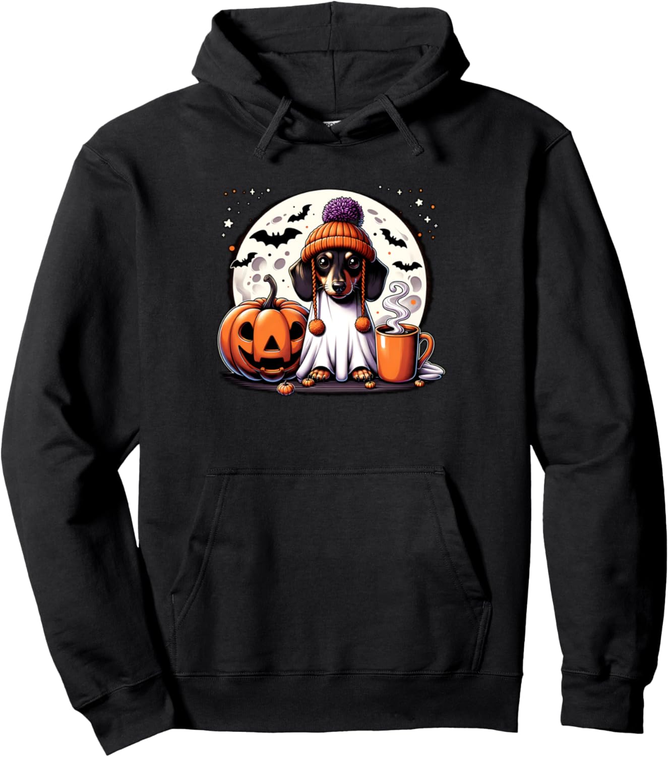 Cute Ghost Dachshund Pumpkin Drinks Beanie Fall Halloween Pullover Hoodie