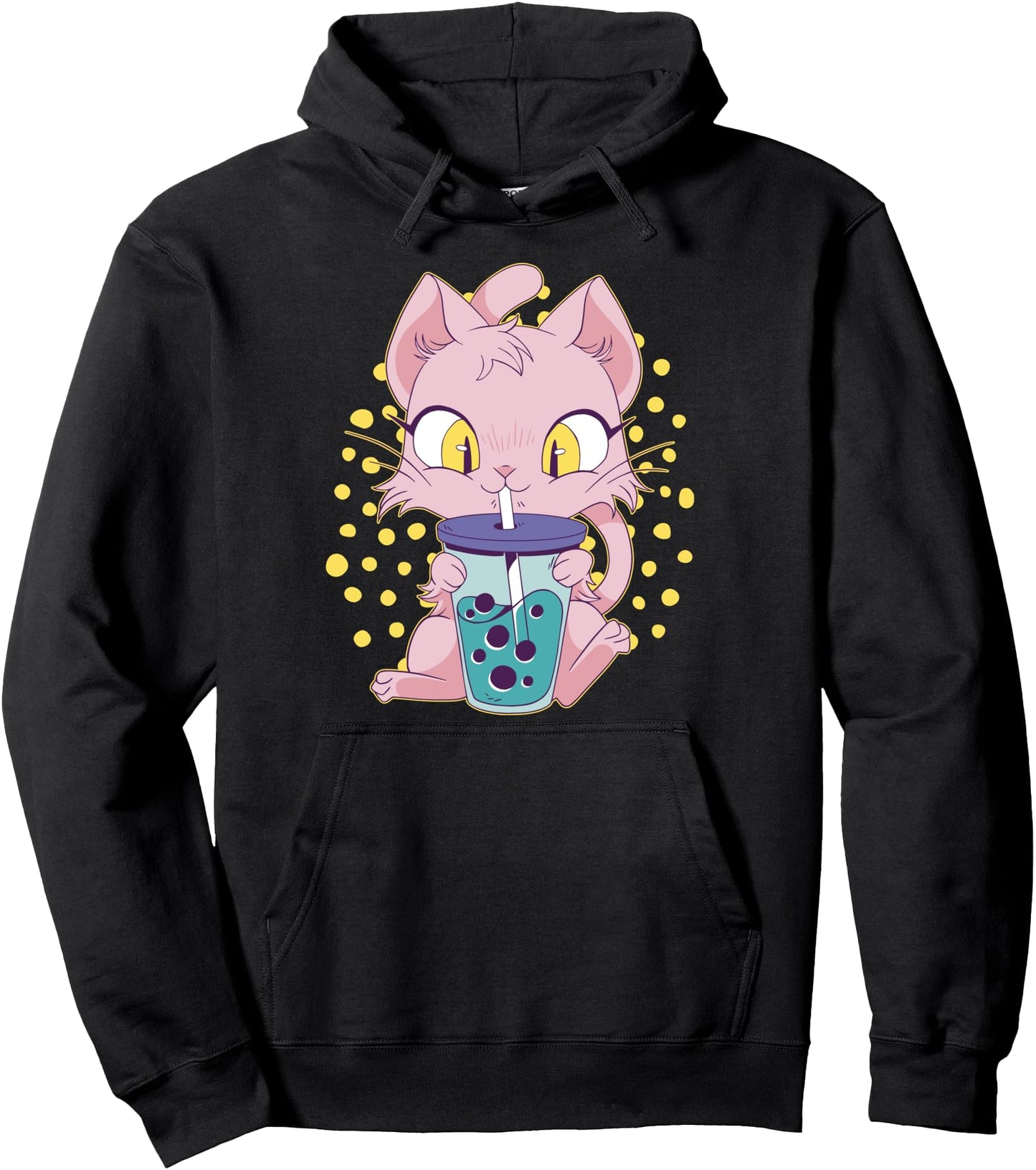 Cute Anime Cat With Bubble Tea Boba l Japanese Kawaii Pullover Hoodie