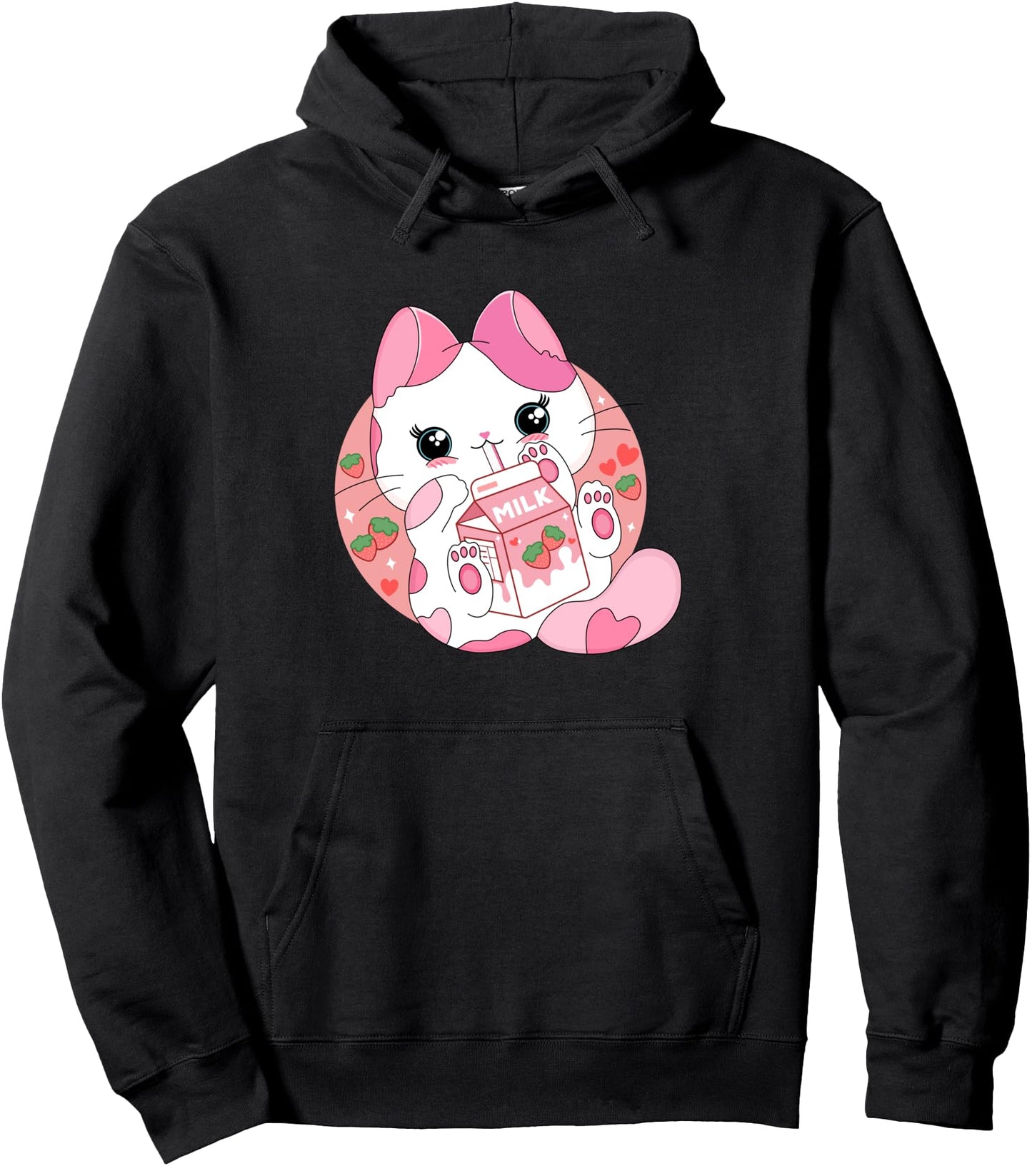 Kawaii Anime Cat Drinking Strawberry Milk Cute Japanese Neko Pullover Hoodie