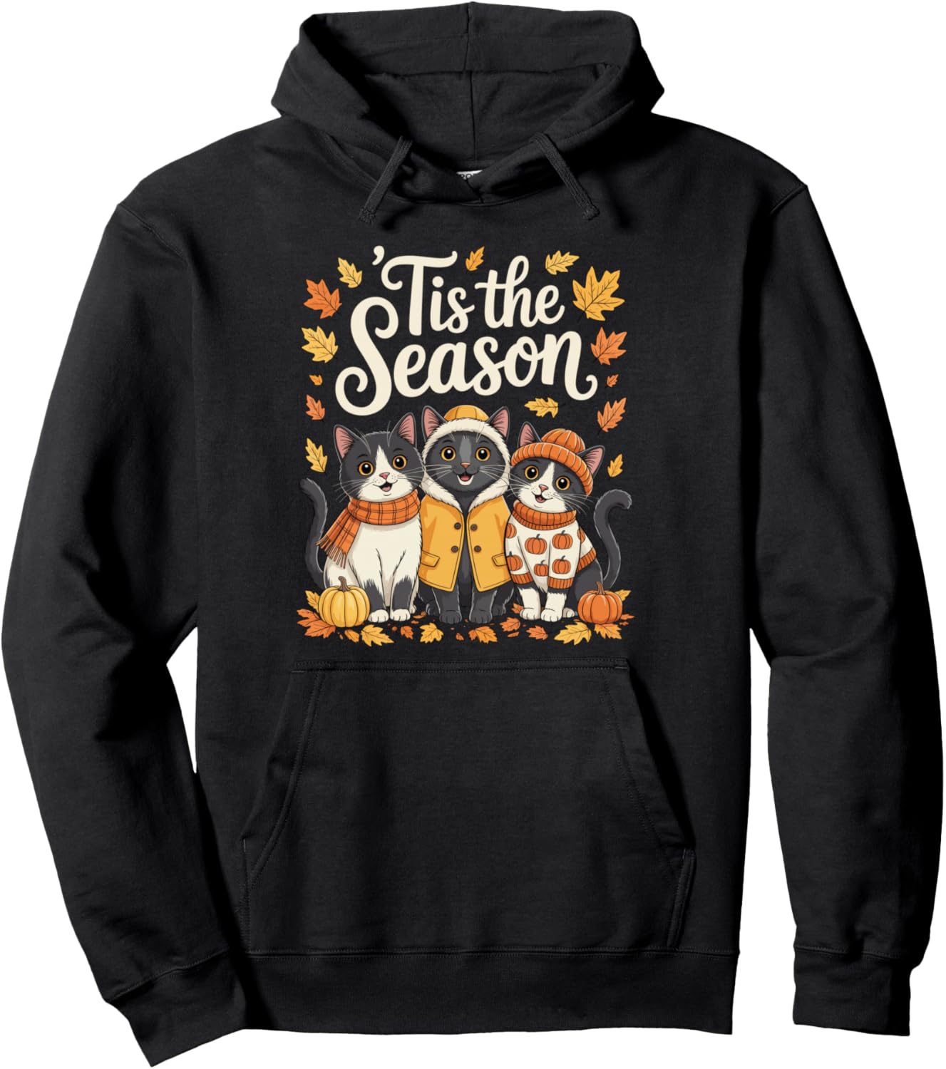 Tis The Season Black Cat Fall Autumn Pumpkin Pullover Hoodie