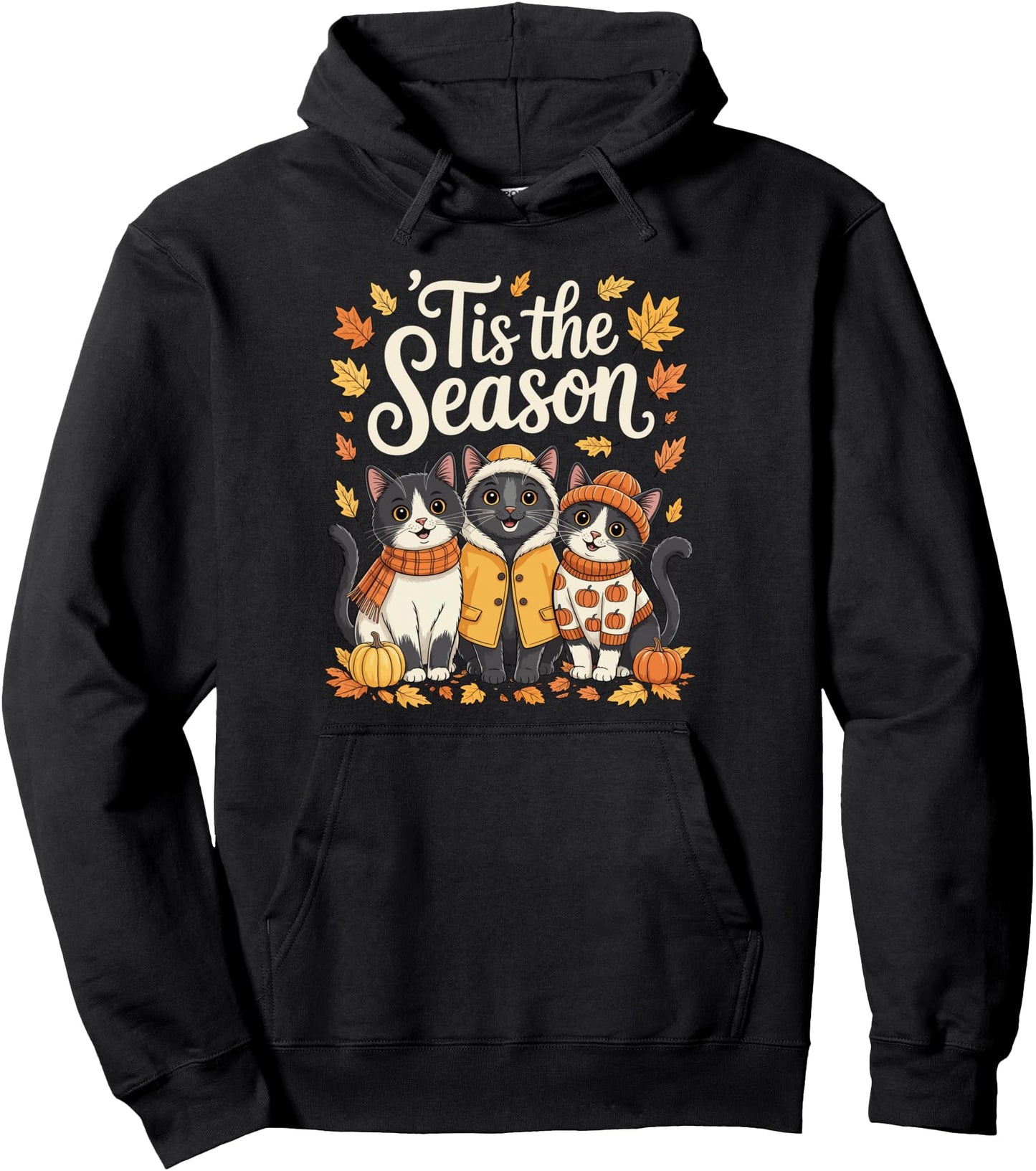 Tis The Season Black Cat Fall Autumn Pumpkin Pullover Hoodie