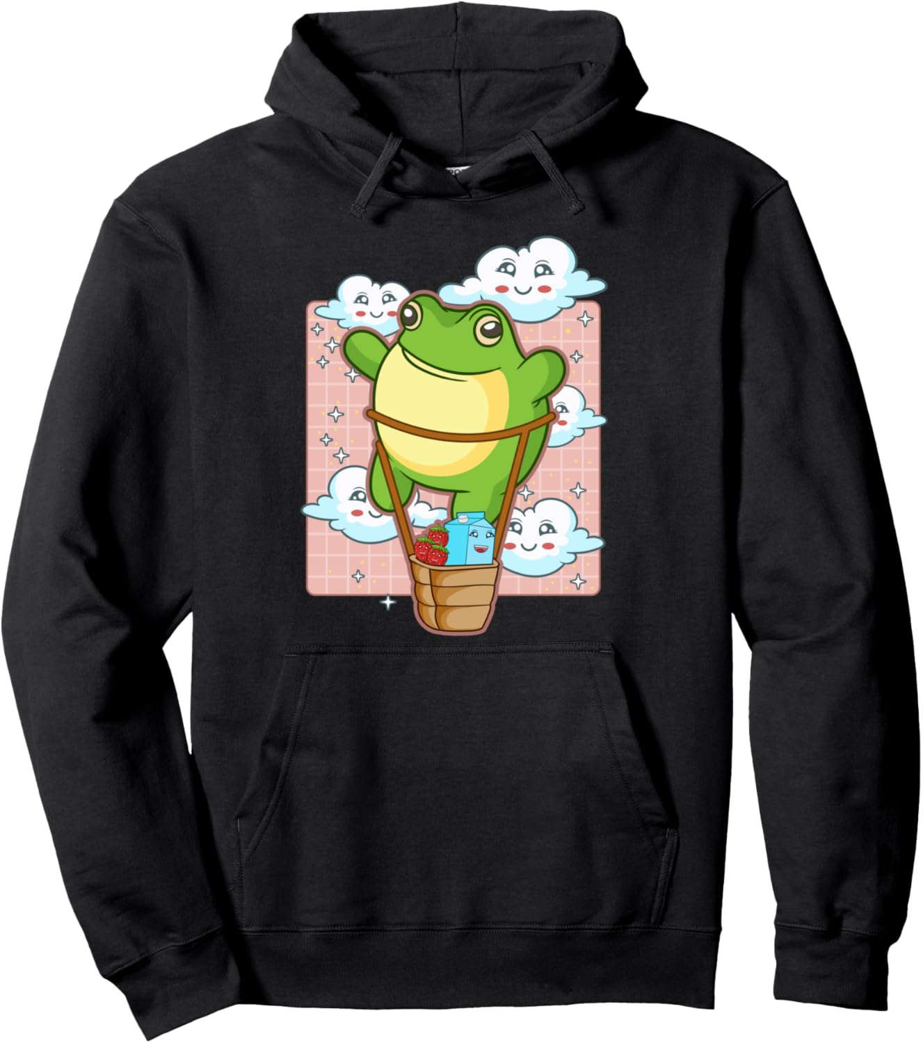 Kawaii Frog Hot Air Balloon Strawberry Milk Japanese Anime Pullover Hoodie