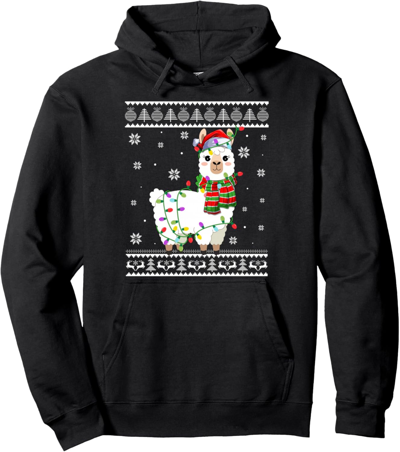 Llama Christmas Sweater Santa Hat Lights Alpaca Ugly Xmas Pullover Hoodie