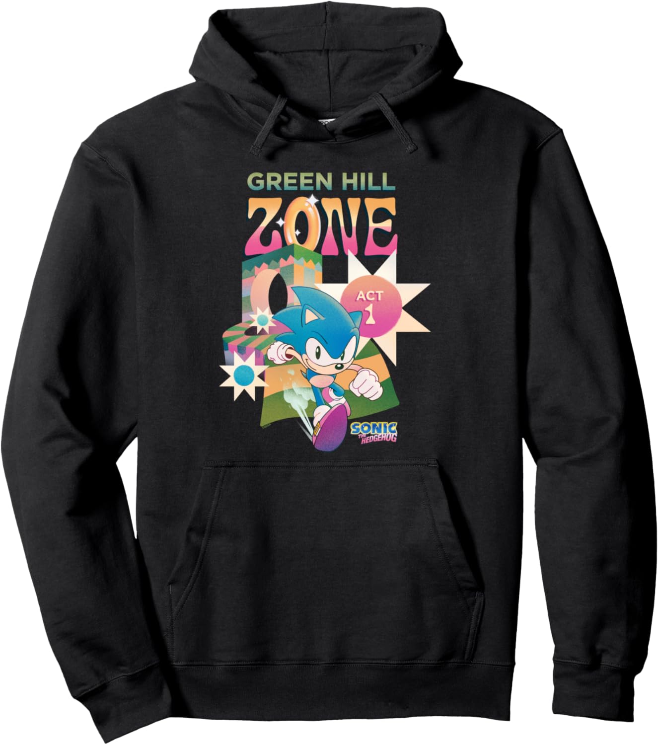 Sonic The Hedgehog Green Hill Zone Act 1 Chest Retro Logo Pullover Hoodie