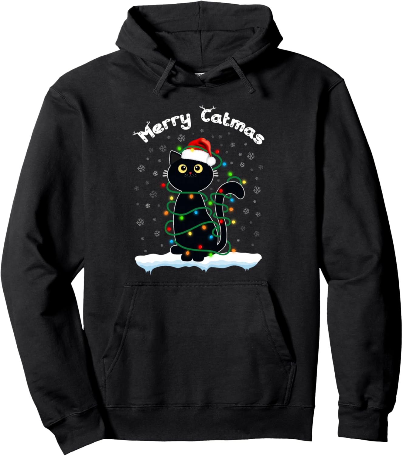 Cats With Santa Hat Merry Catmas Black Cat Christmas lights Pullover Hoodie