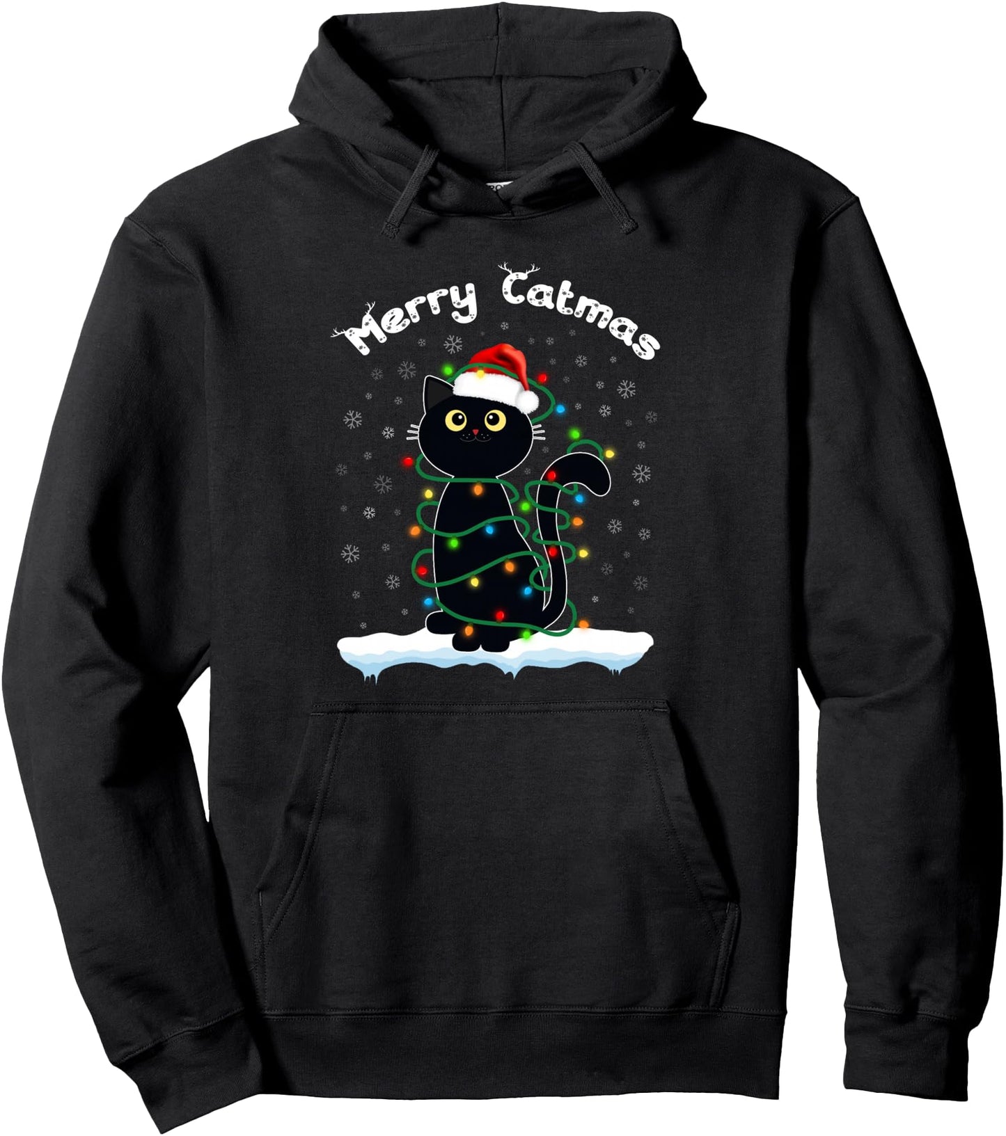 Cats With Santa Hat Merry Catmas Black Cat Christmas lights Pullover Hoodie