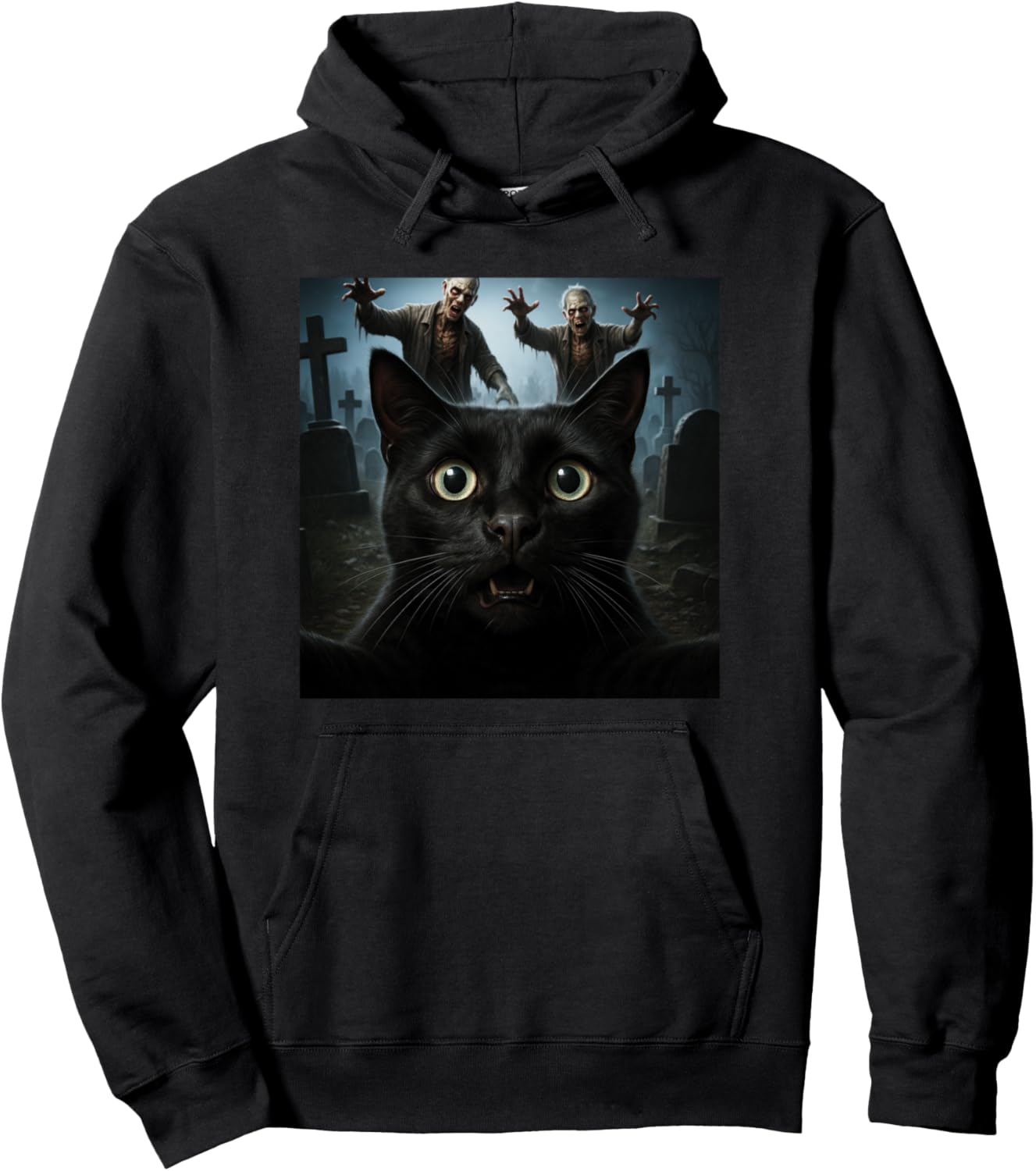 Funny Halloween Black Cat Zombie Graveyard Selfie Men Women Pullover Hoodie