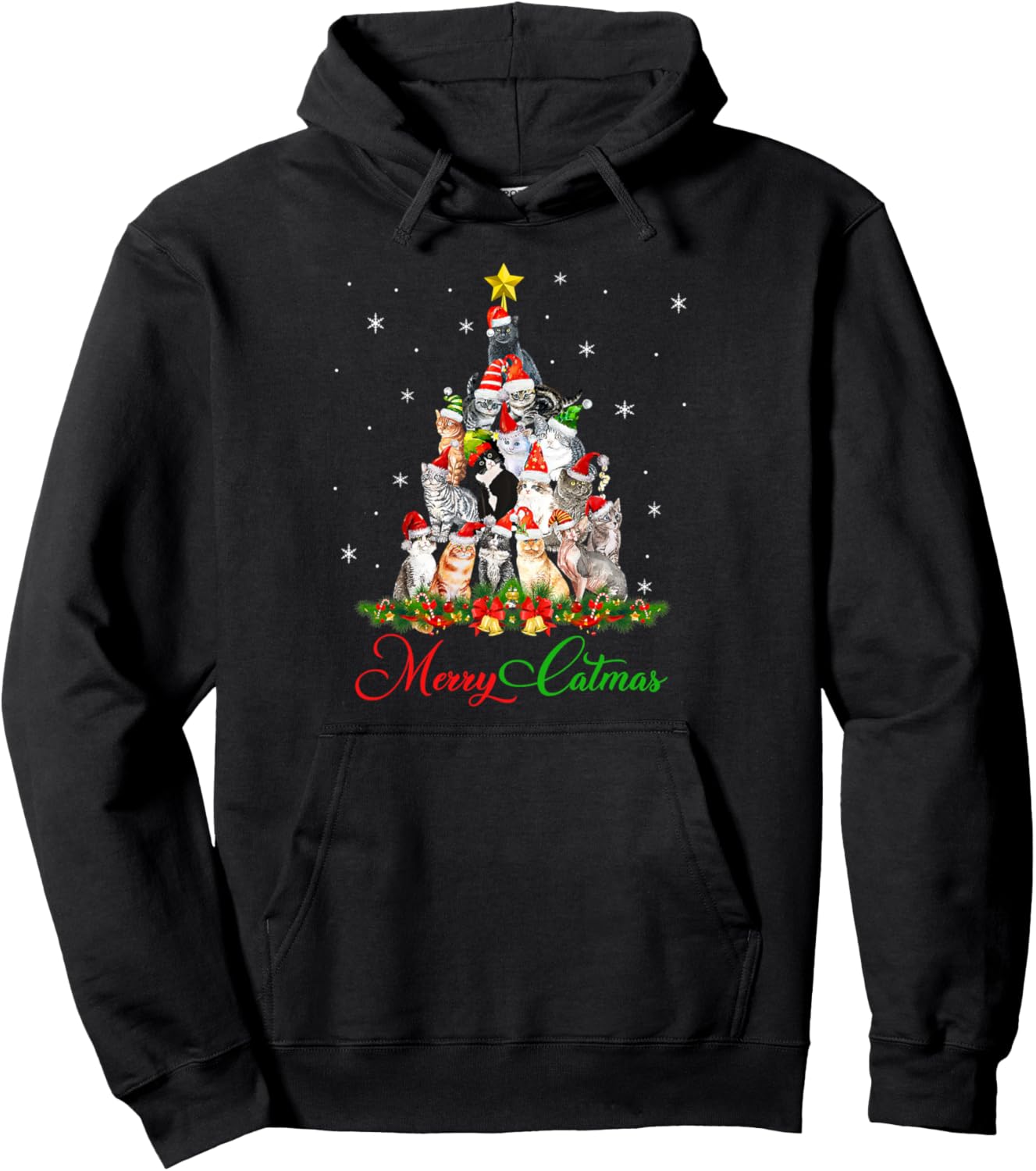 Christmas Cat Tree with Santa Hat Merry Catmas Funny Xmas Pullover Hoodie