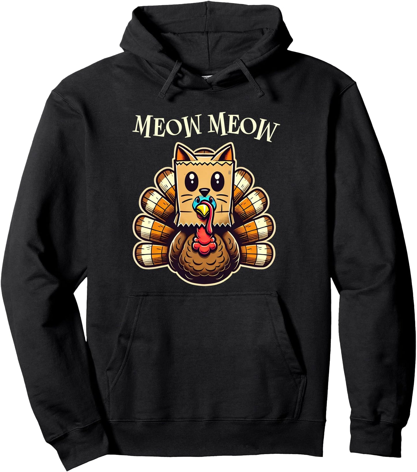Funny Turkey Cat Mask Meow Happy Thanksgiving Day Pullover Hoodie