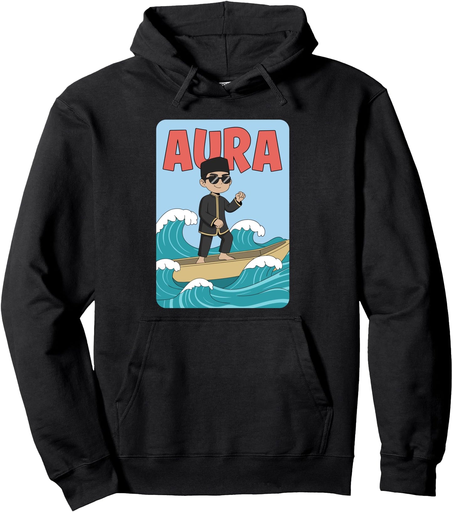 Aura Cartoon Boy on Waves with Sunglasses and Boat Pullover Hoodie