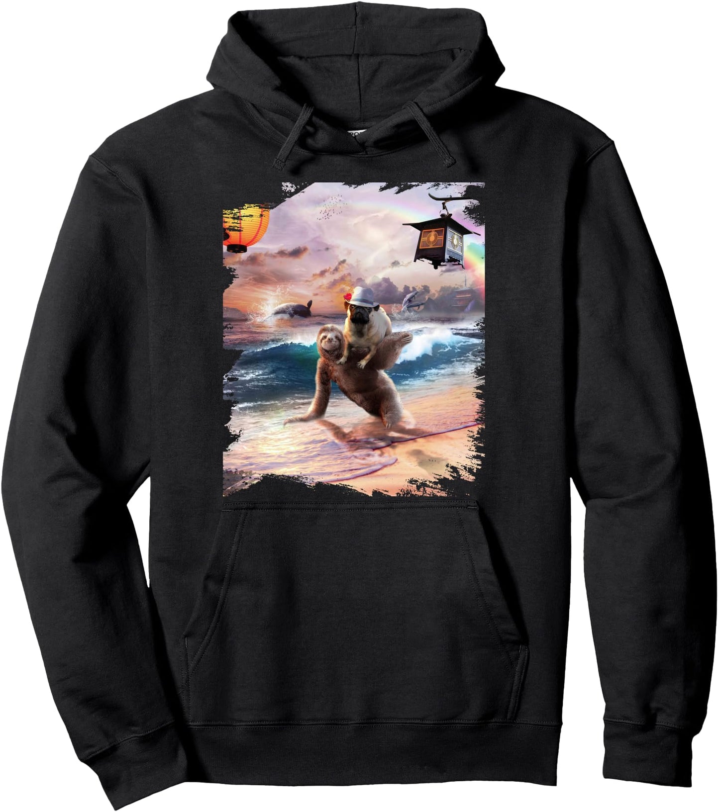 Pug Dog Riding Sloth On Japanese Beach Pullover Hoodie