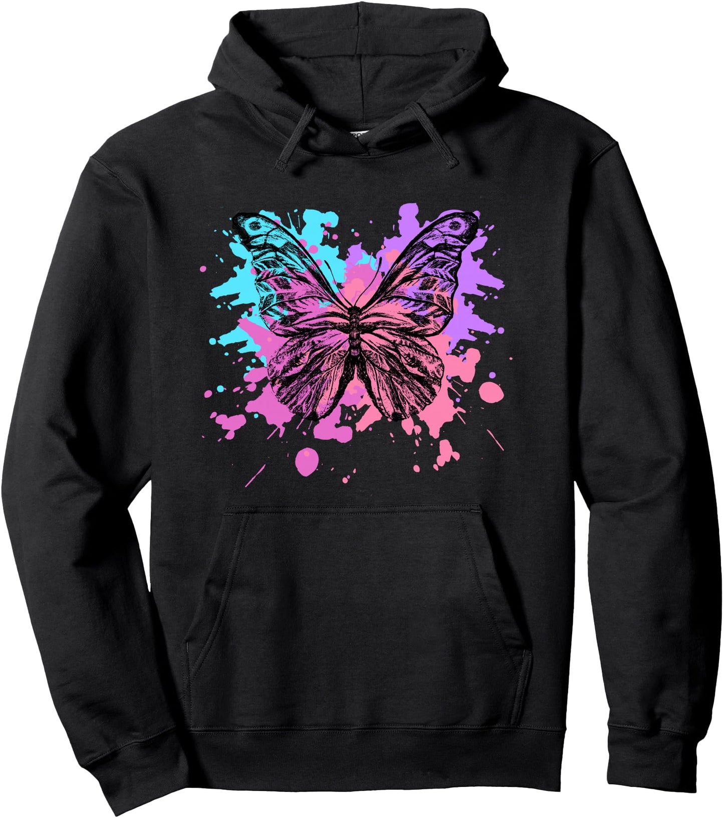 Colorful Butterfly Art Pink Purple Blue Black Paint Pullover Hoodie