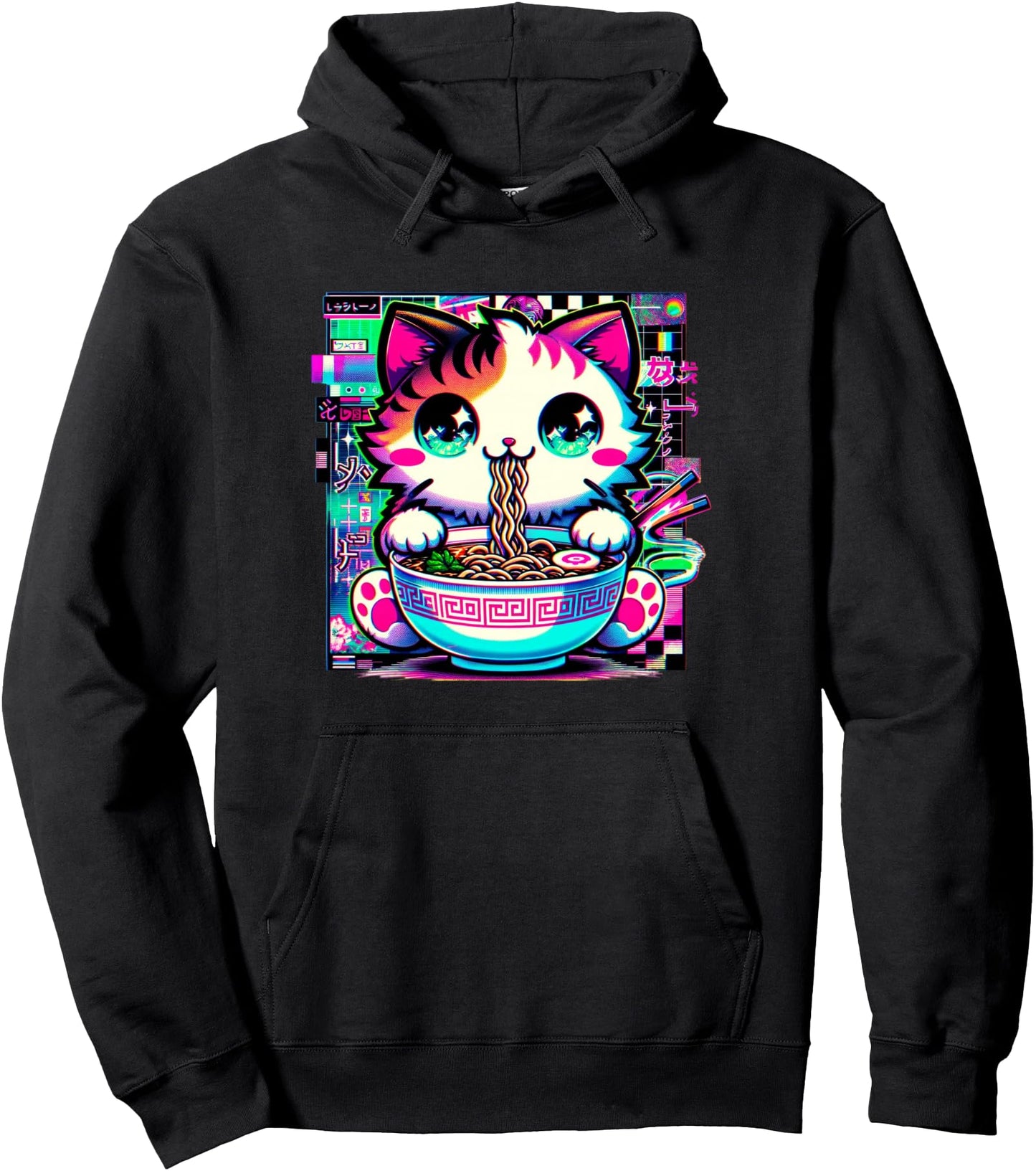 Vaporwave Japanese Glitch Art Anime Kawaii Cat Eating Ramen Pullover Hoodie