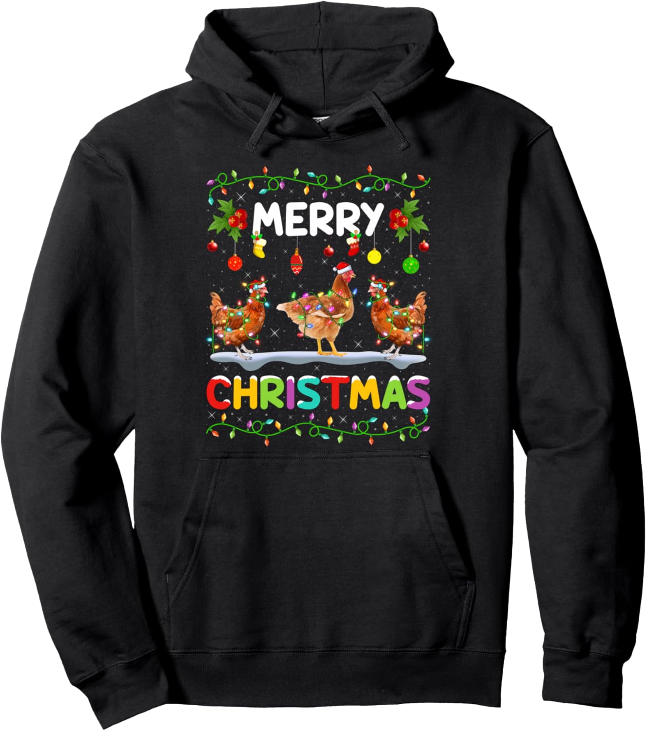 Chicken Merry Christmas Lights Santa Hat Funny Chicken Xmas Pullover Hoodie